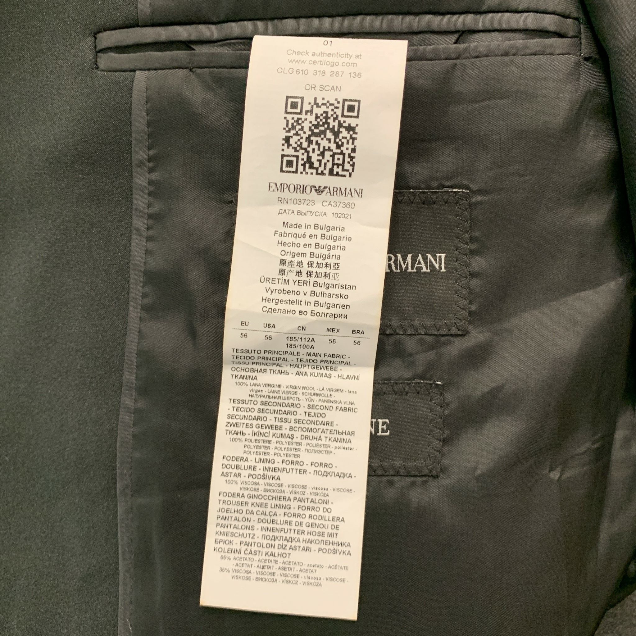 EMPORIO ARMANI Size 46 Black Solid Wool Tuxedo Sport Coat - Image 6