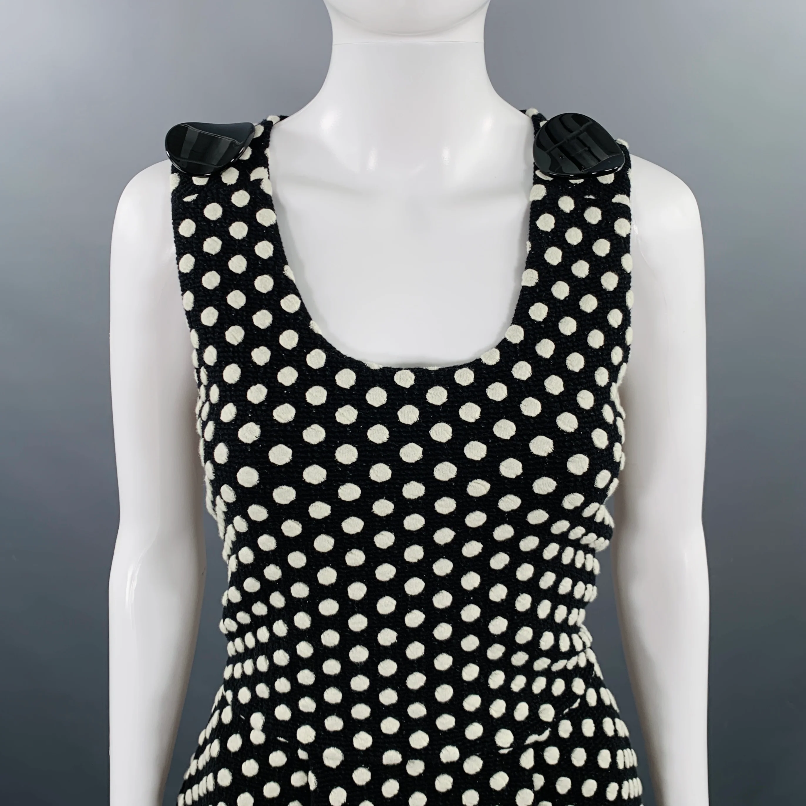 EMPORIO ARMANI Size 6 Black White Cotton Blend Polka Dot A-Line Dress - Image 2