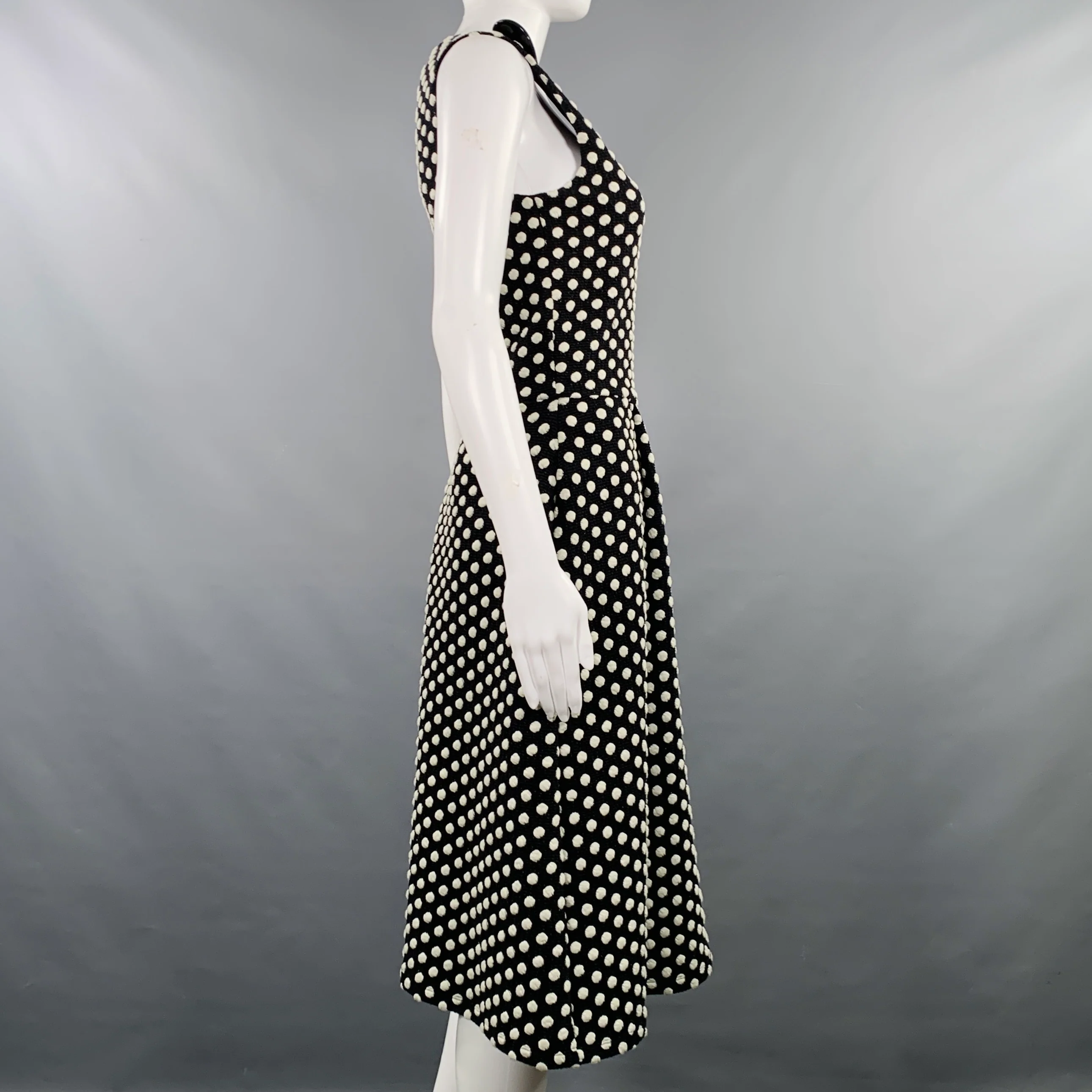 EMPORIO ARMANI Size 6 Black White Cotton Blend Polka Dot A-Line Dress - Image 3