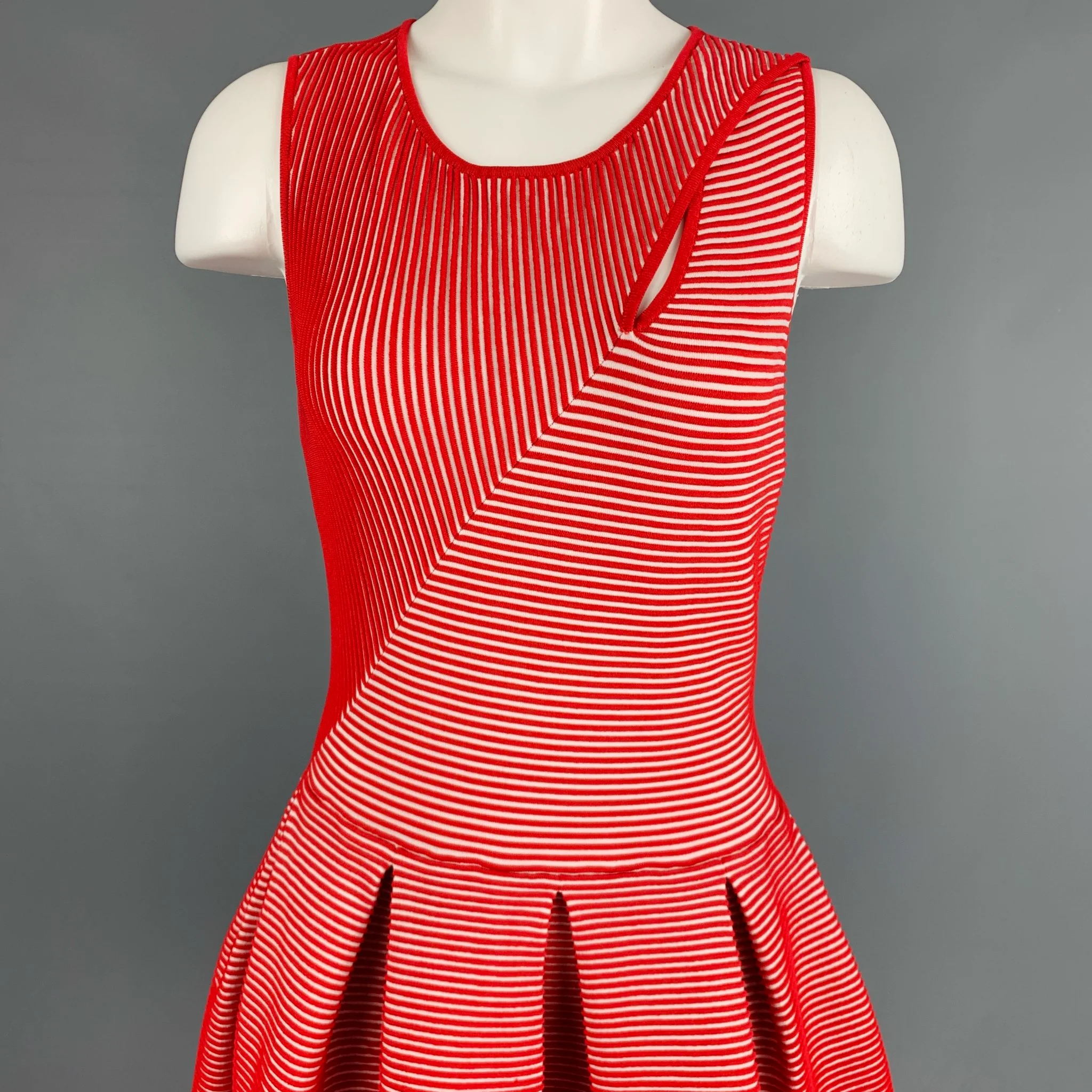 EMPORIO ARMANI Size 6 Red White Viscose Blend Stripe Pleated Dress - Image 2