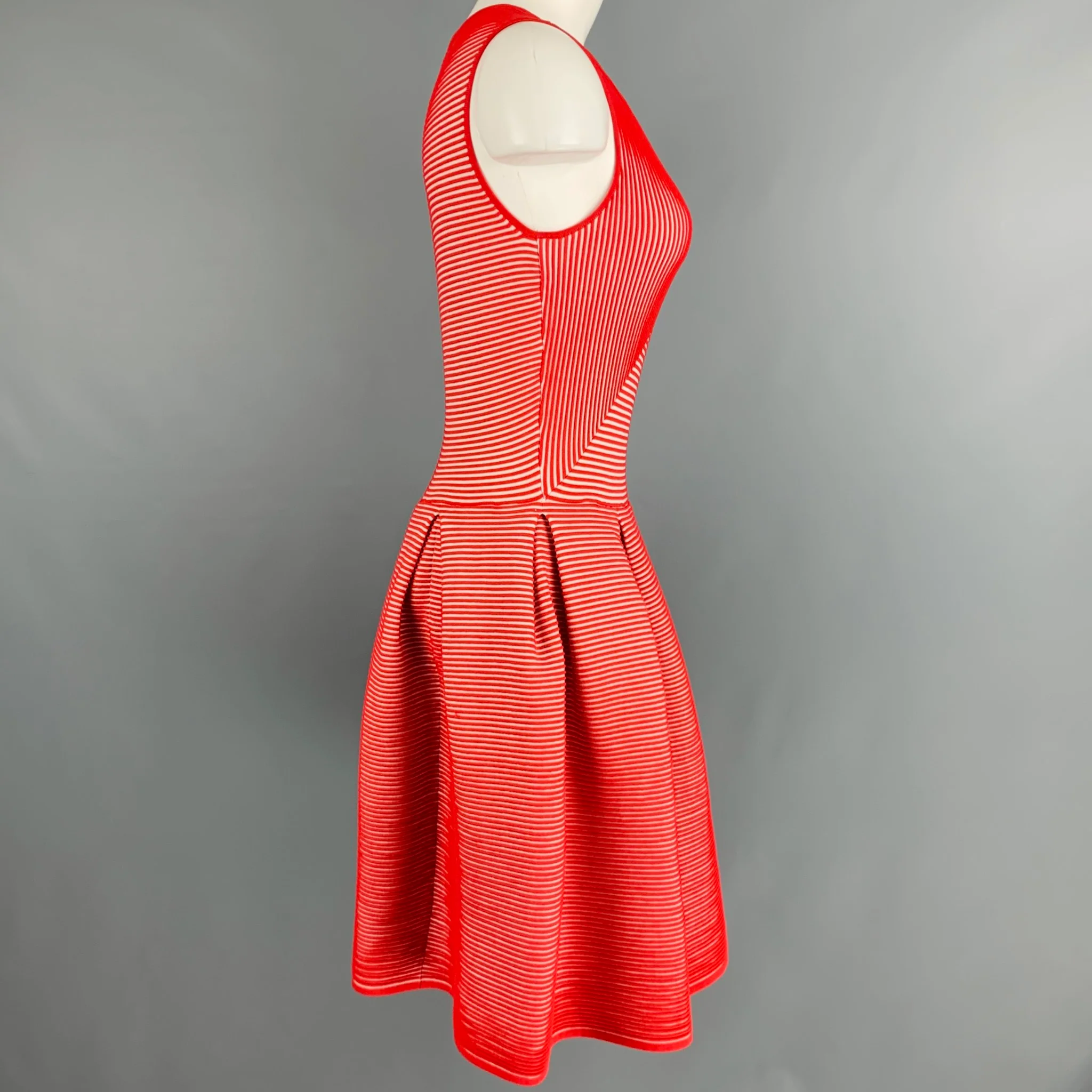 EMPORIO ARMANI Size 6 Red White Viscose Blend Stripe Pleated Dress - Image 3