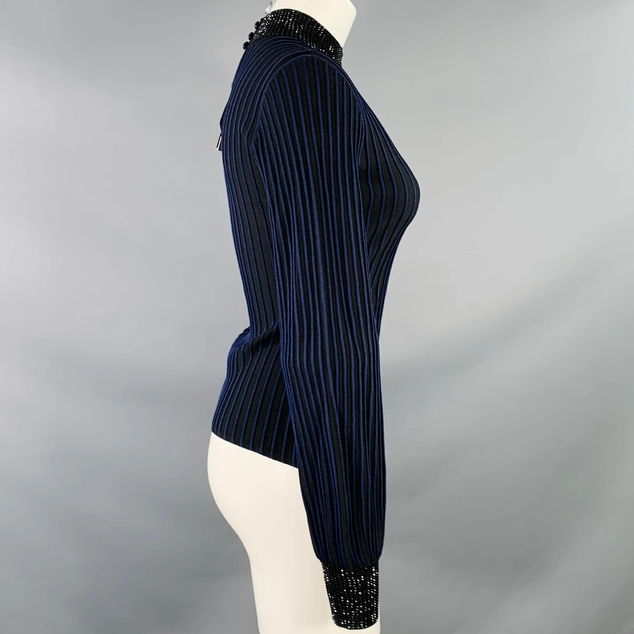 EMPORIO ARMANI Size S Black Navy Viscose Blend Stripe Mock Neck Dress Top - Image 3