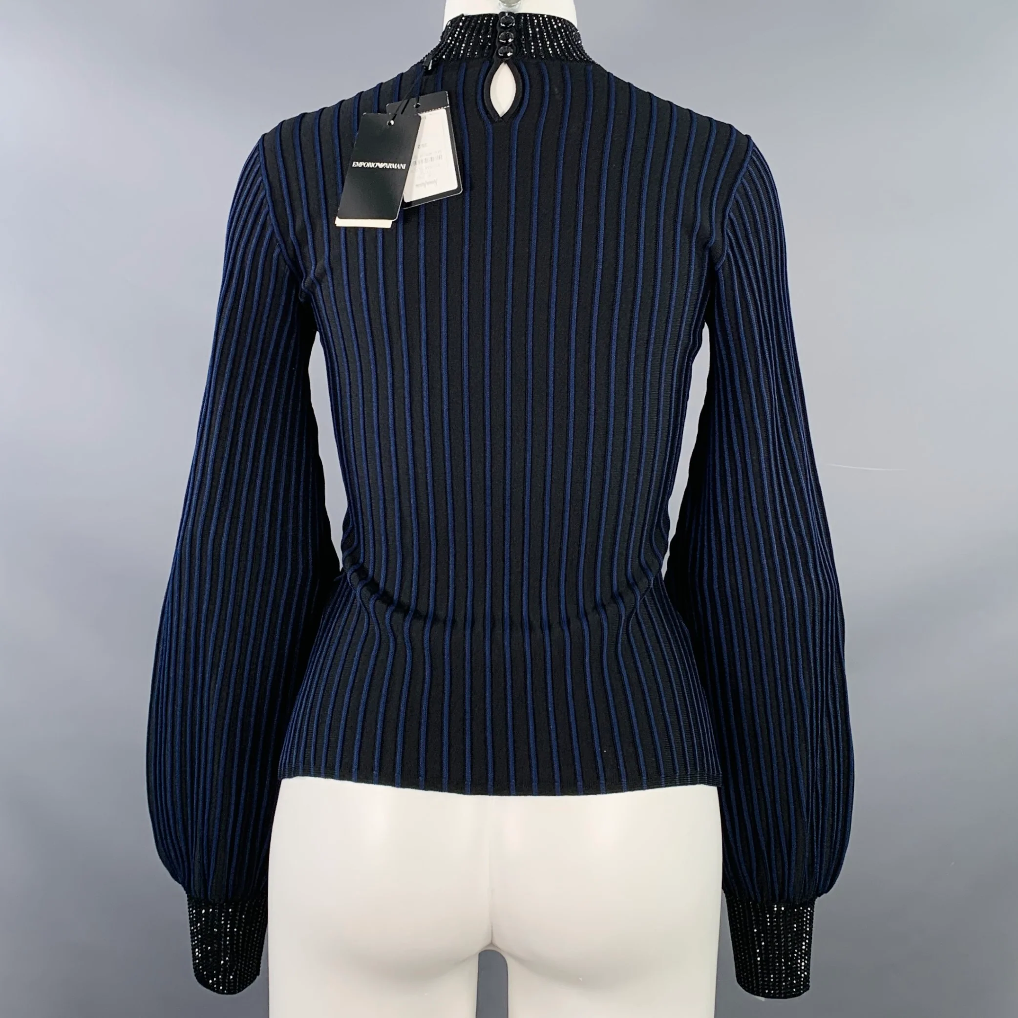 EMPORIO ARMANI Size S Black Navy Viscose Blend Stripe Mock Neck Dress Top - Image 4