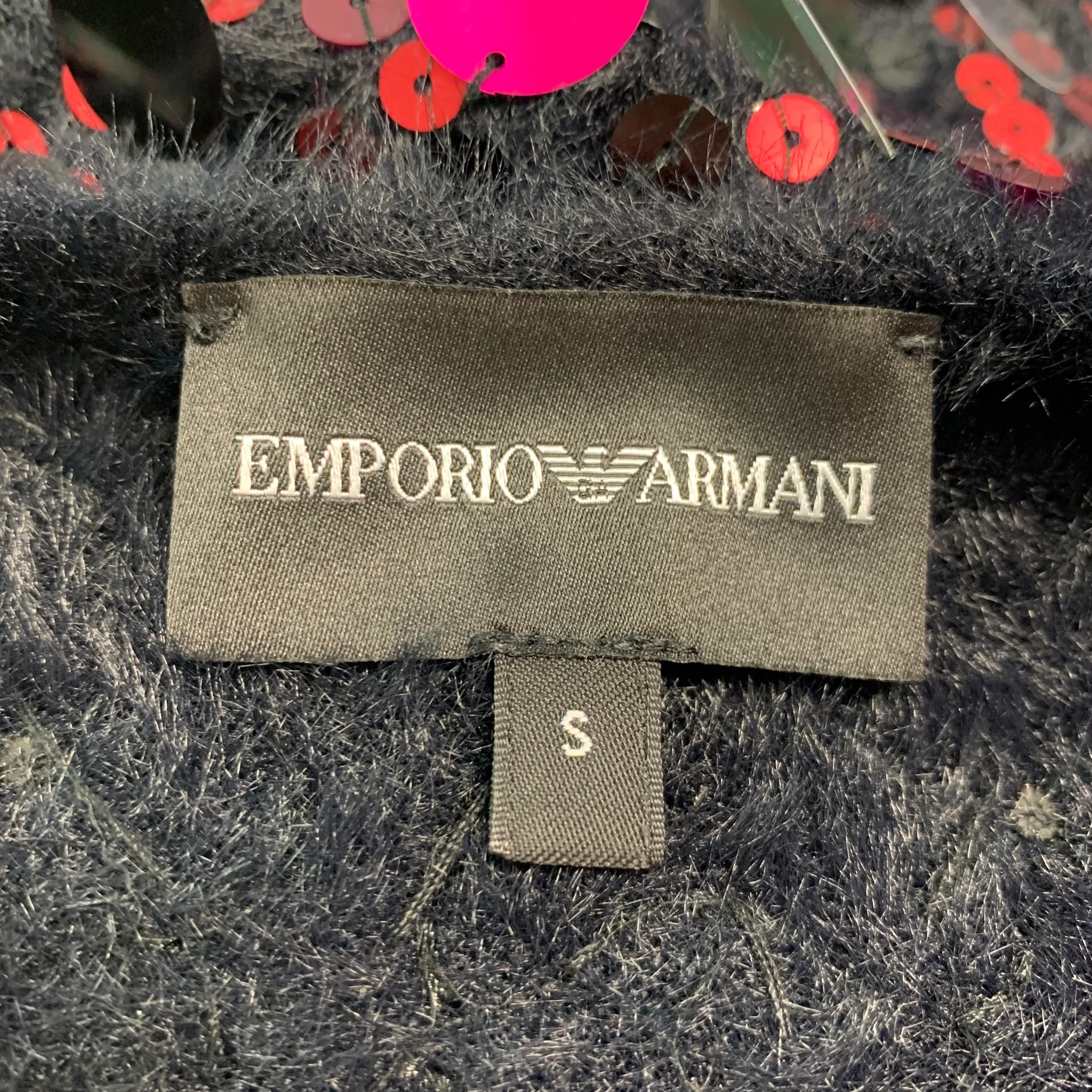 EMPORIO ARMANI Size S Black Pink Knit Payettes Crew Neck Pullover - Image 5