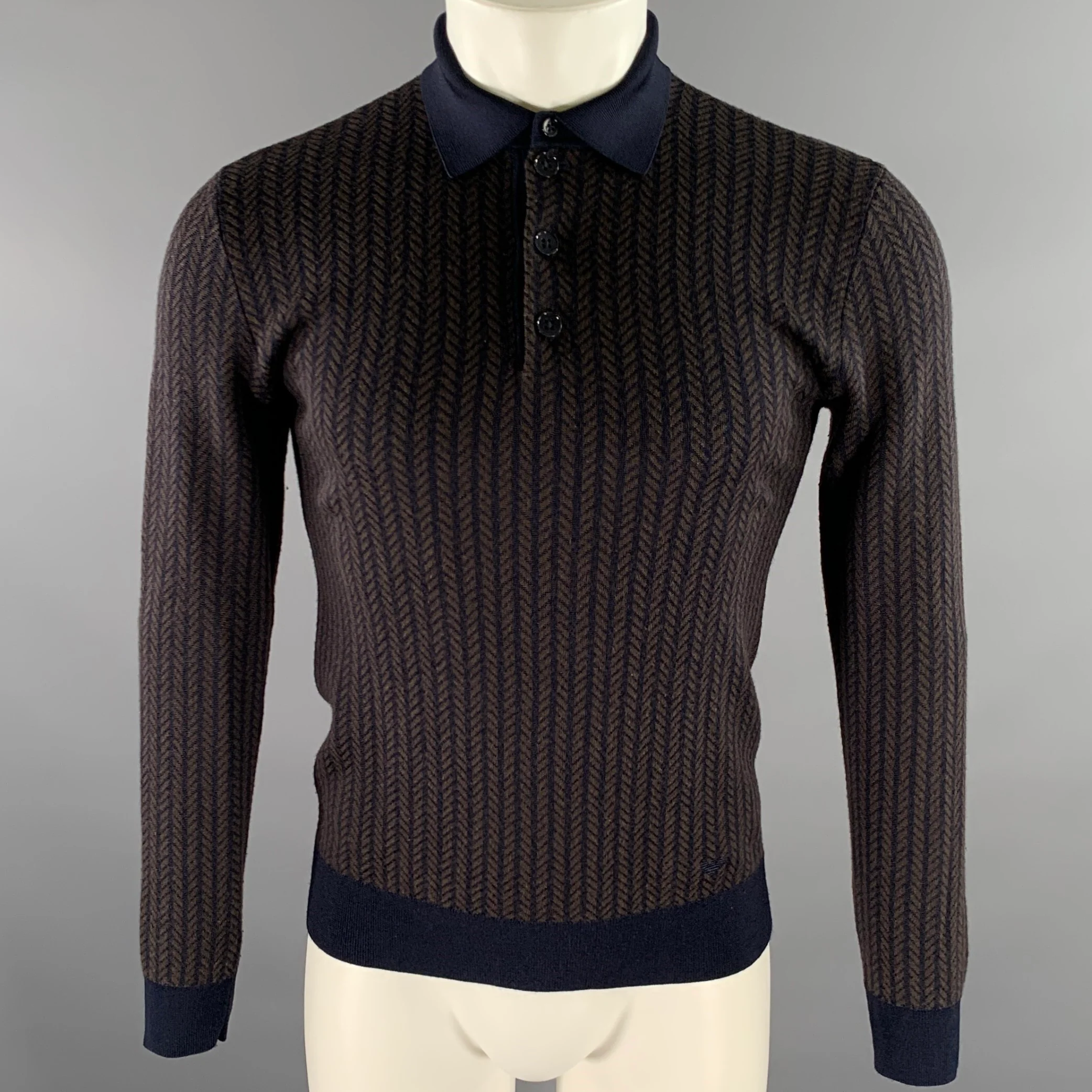 EMPORIO ARMANI Size S Brown Navy Herringbone Wool Blend Polo Sweater