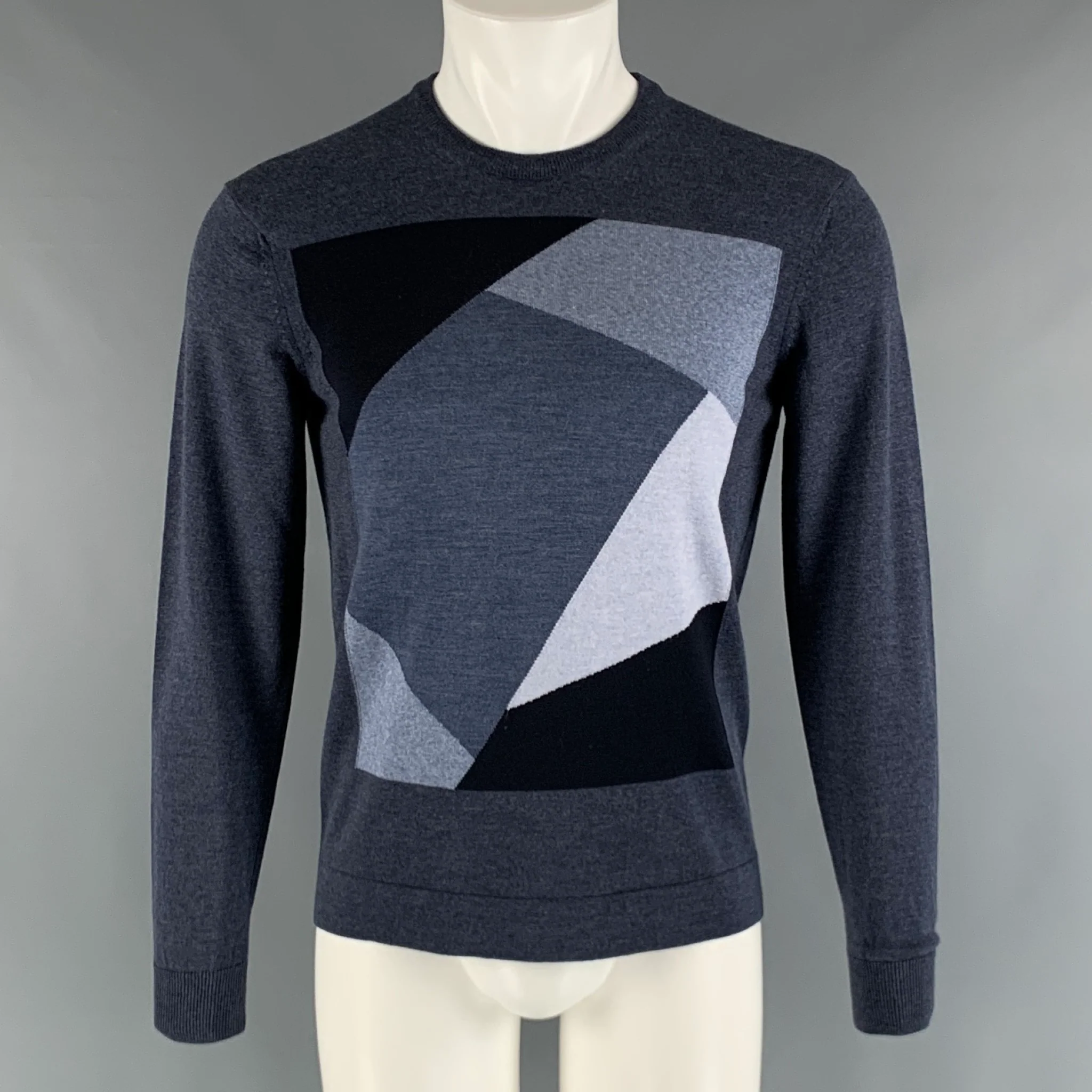 EMPORIO ARMANI Size S Charcoal Grey Color Block Wool Blend Crew-Neck Pullover
