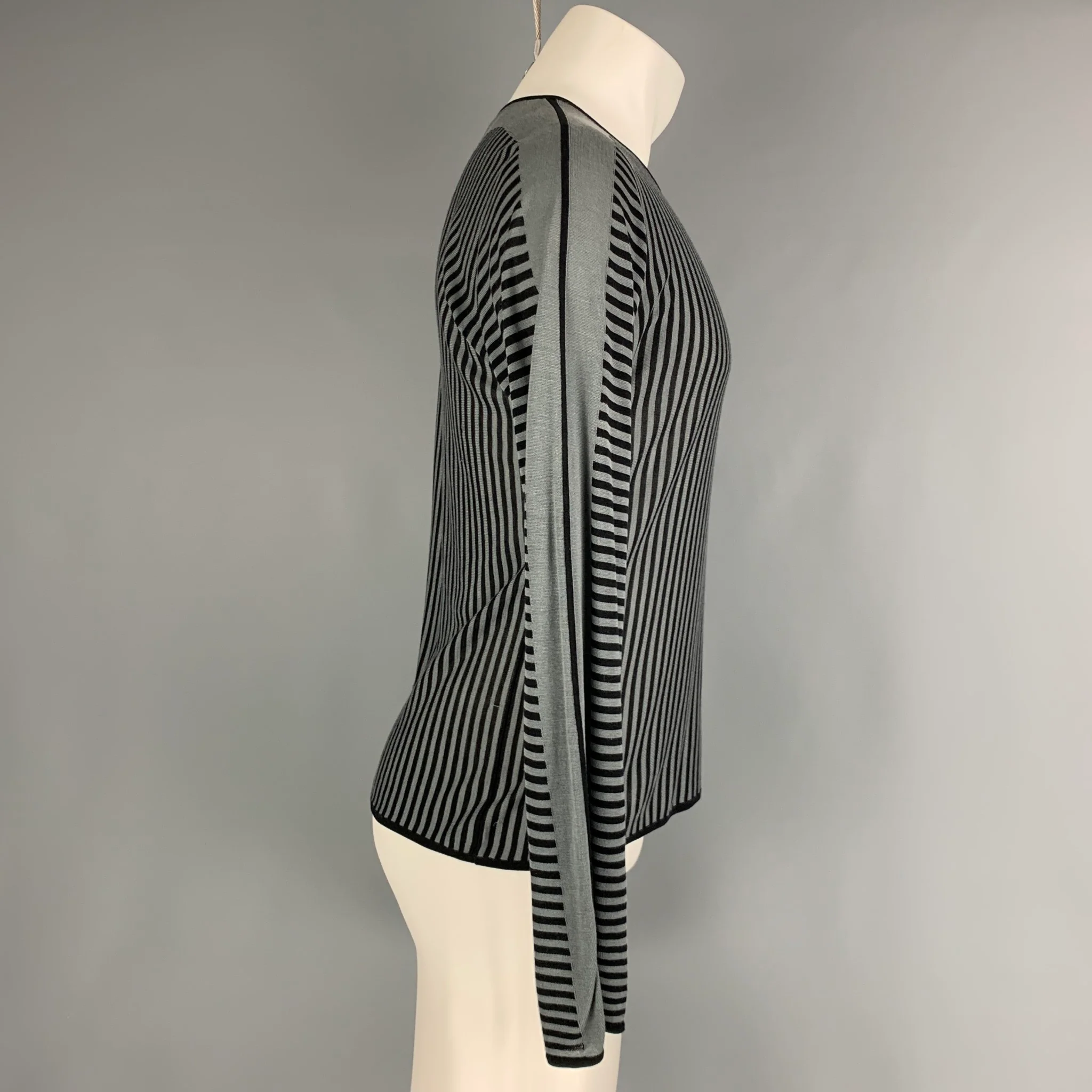 EMPORIO ARMANI Size S Grey Black Stripe Viscose / Silk Long Sleeve Pullover - Image 3