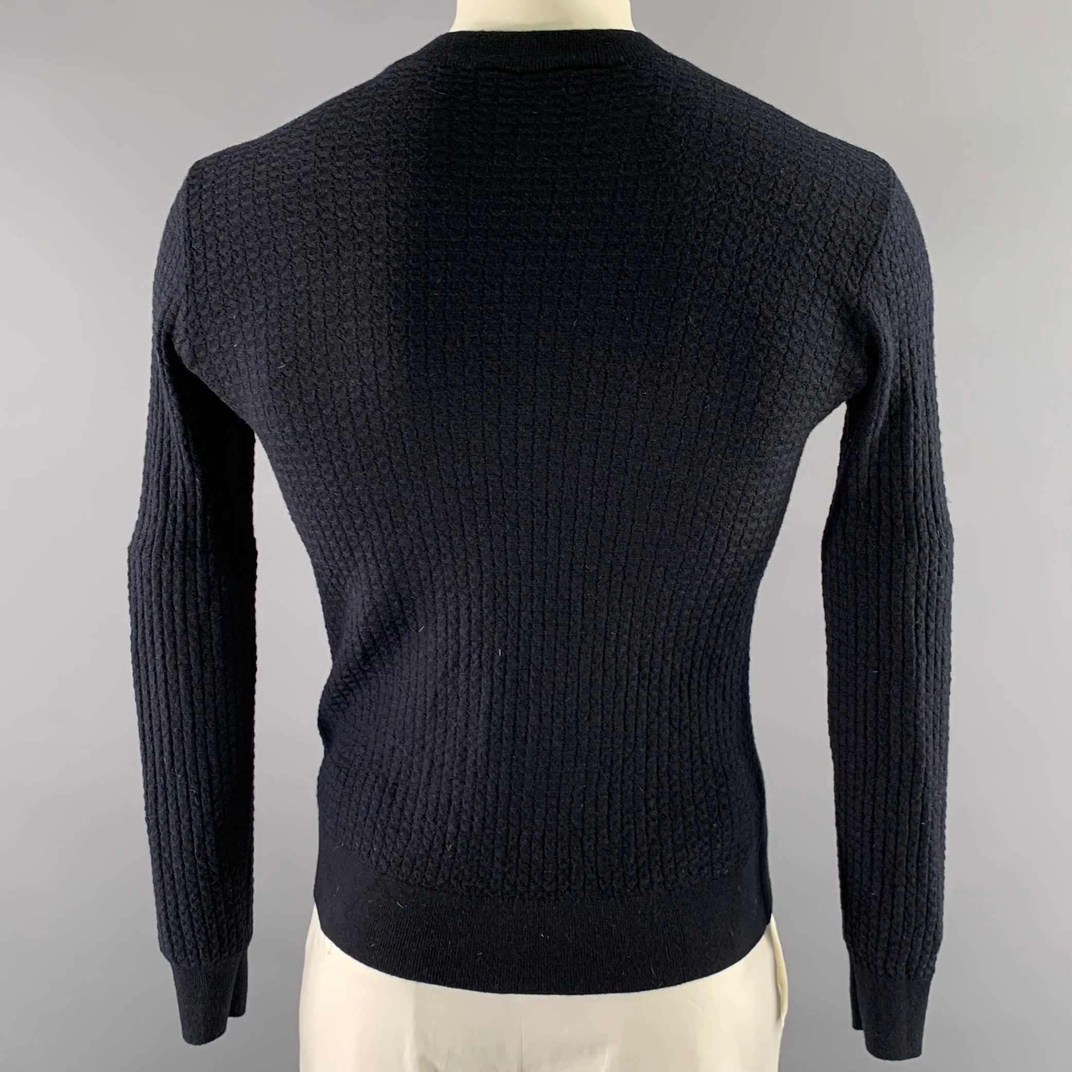EMPORIO ARMANI Size XL Black Waffle Knit Wool Blend Crew-Neck Pullover - Image 4