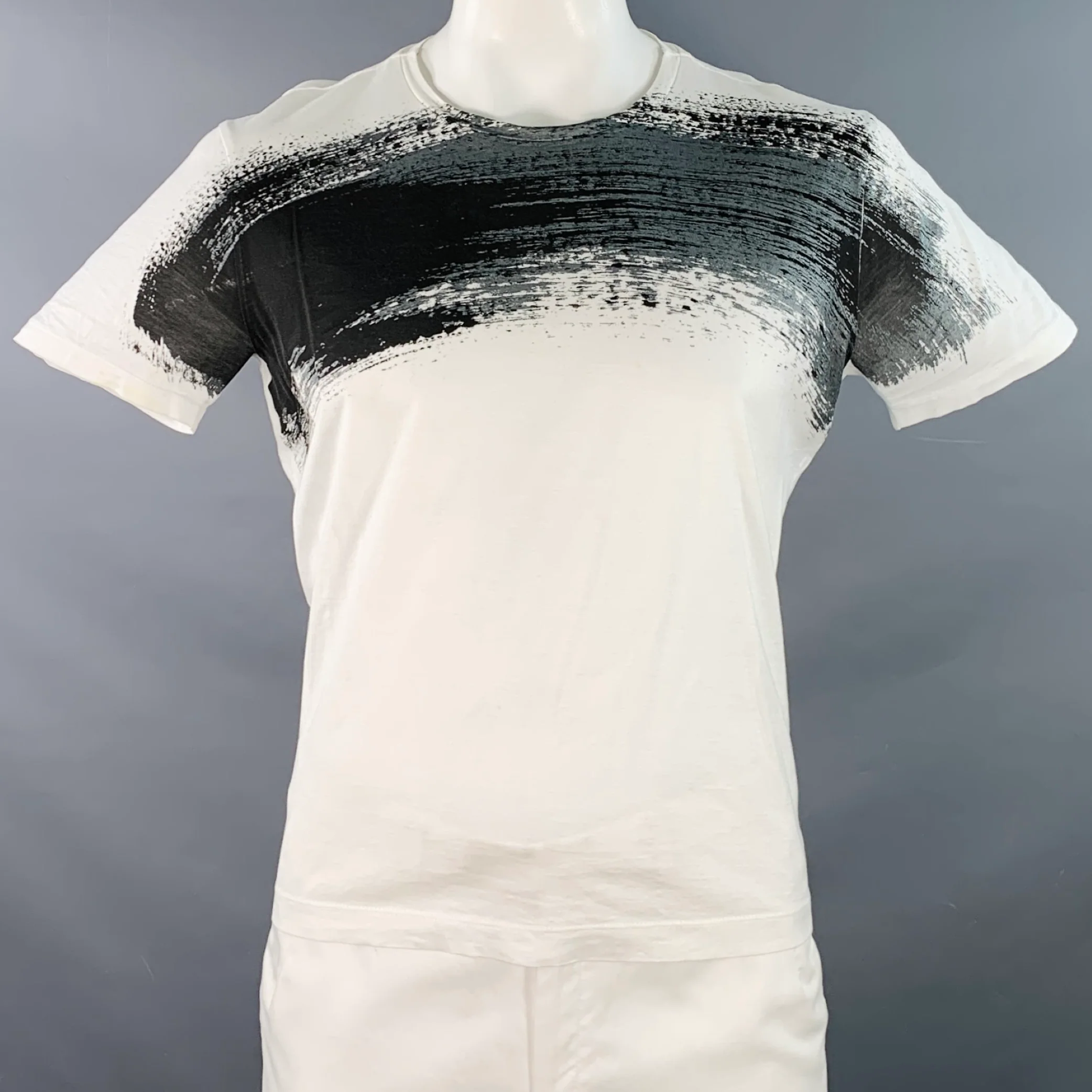 EMPORIO ARMANI Size XL White Black Grey Abstract Brushstroke Cotton Crew Neck T-shirt
