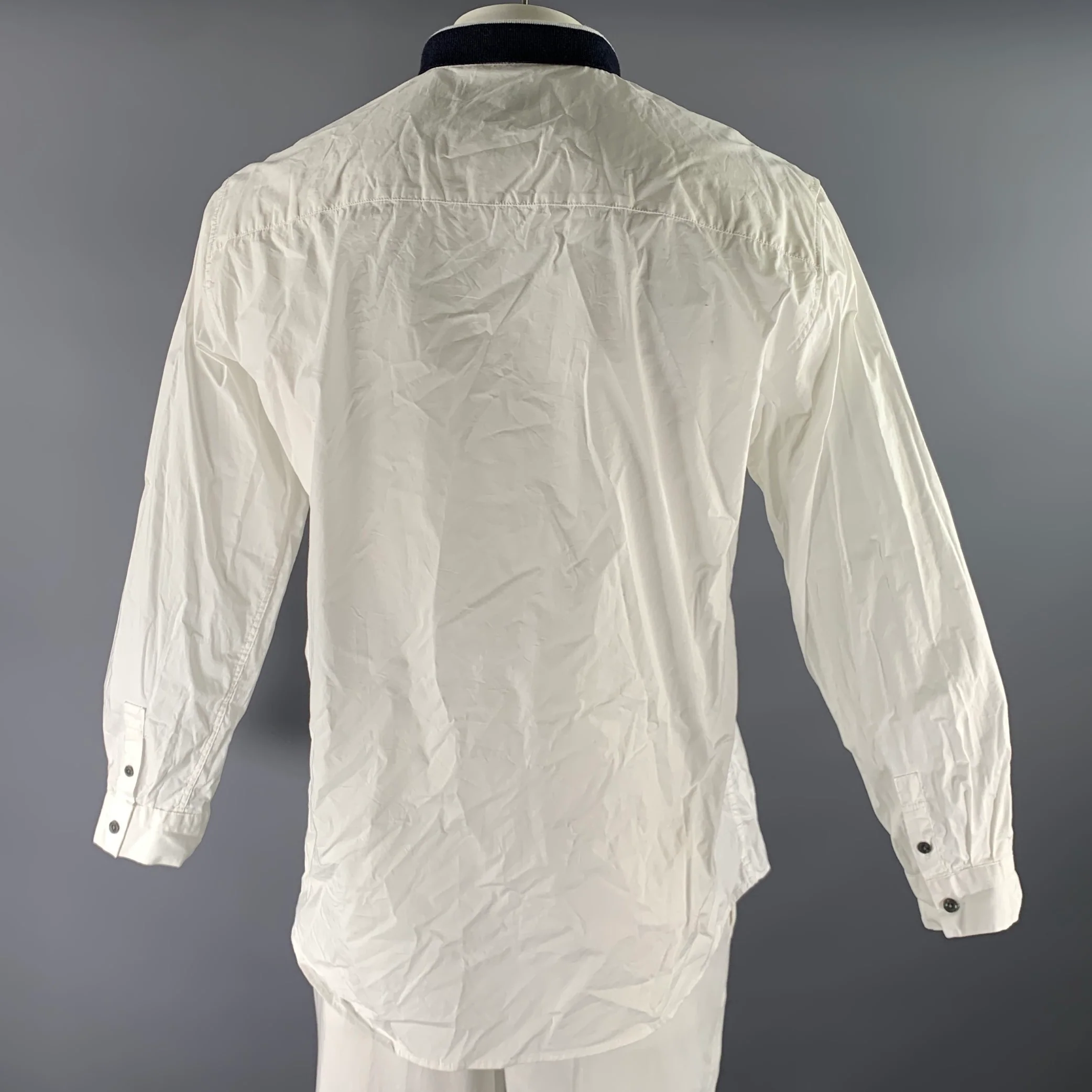 EMPORIO ARMANI Size XXXL White Blue Cotton Blend Ribbed Collar Long Sleeve Shirt - Image 3