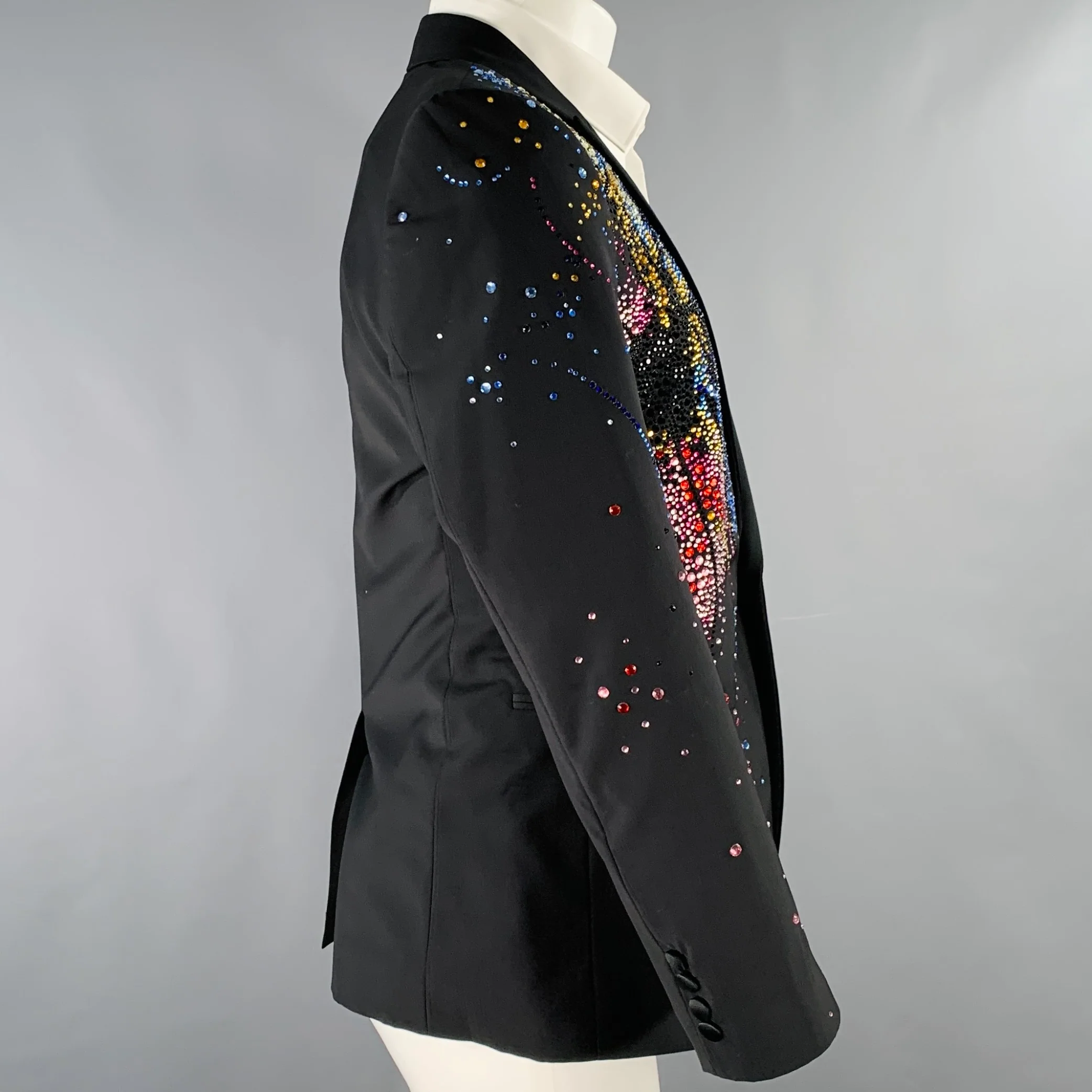EMPORIO ARMANI SS20 Size 38 Black Multi Color Rhinestone Virgin Wool Tuxedo Jacket - Image 3