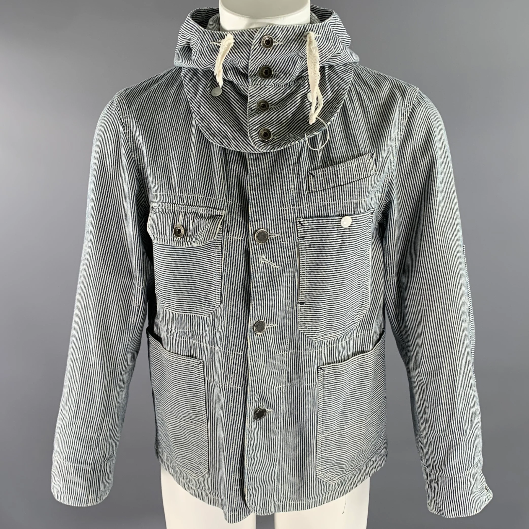 ENGINEERED GARMENTS Size S White Blue Stripe Cotton Hooded Jacket