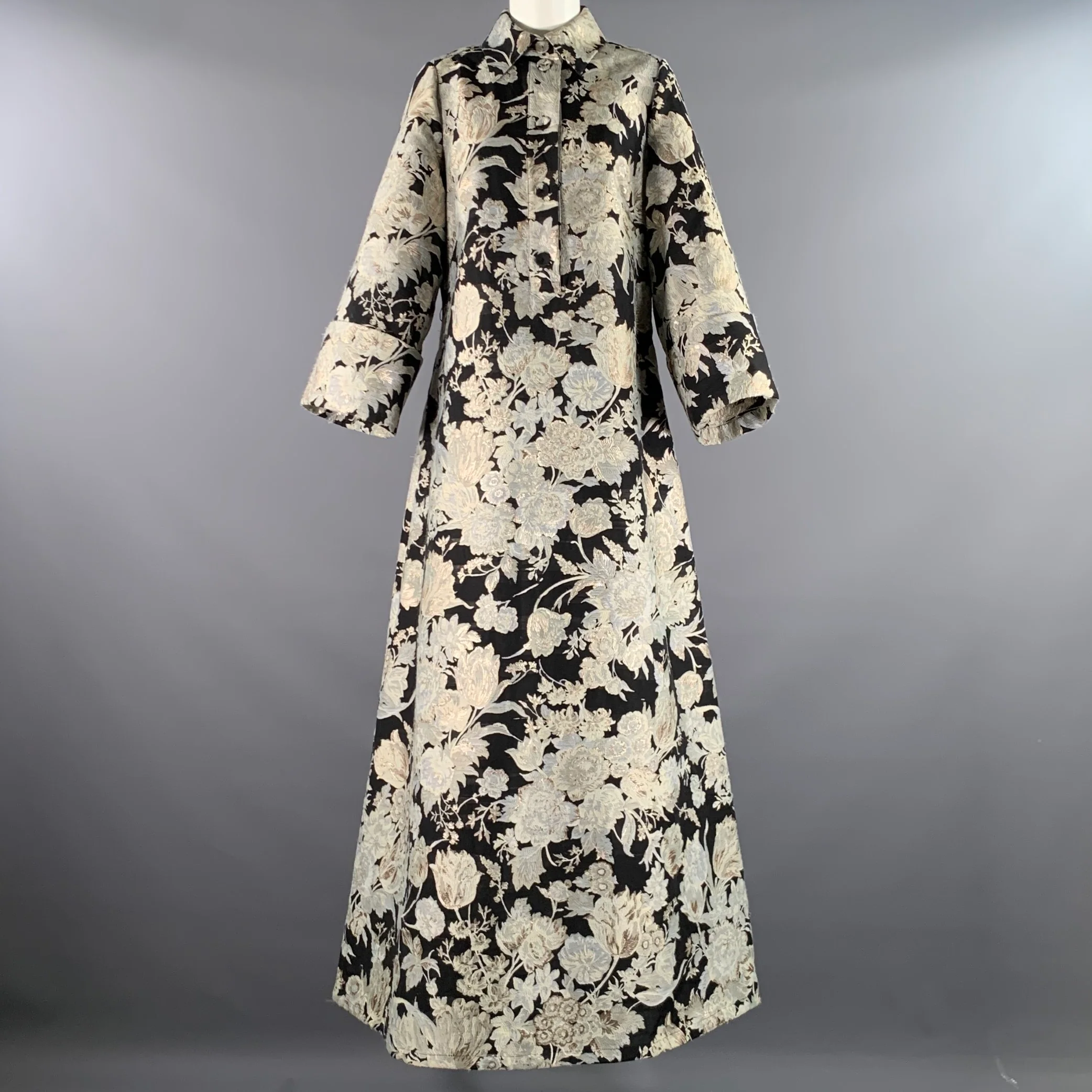 ERDEM Size 10 Black Silver Silk Poly Blend Floral A-Line Long Dress