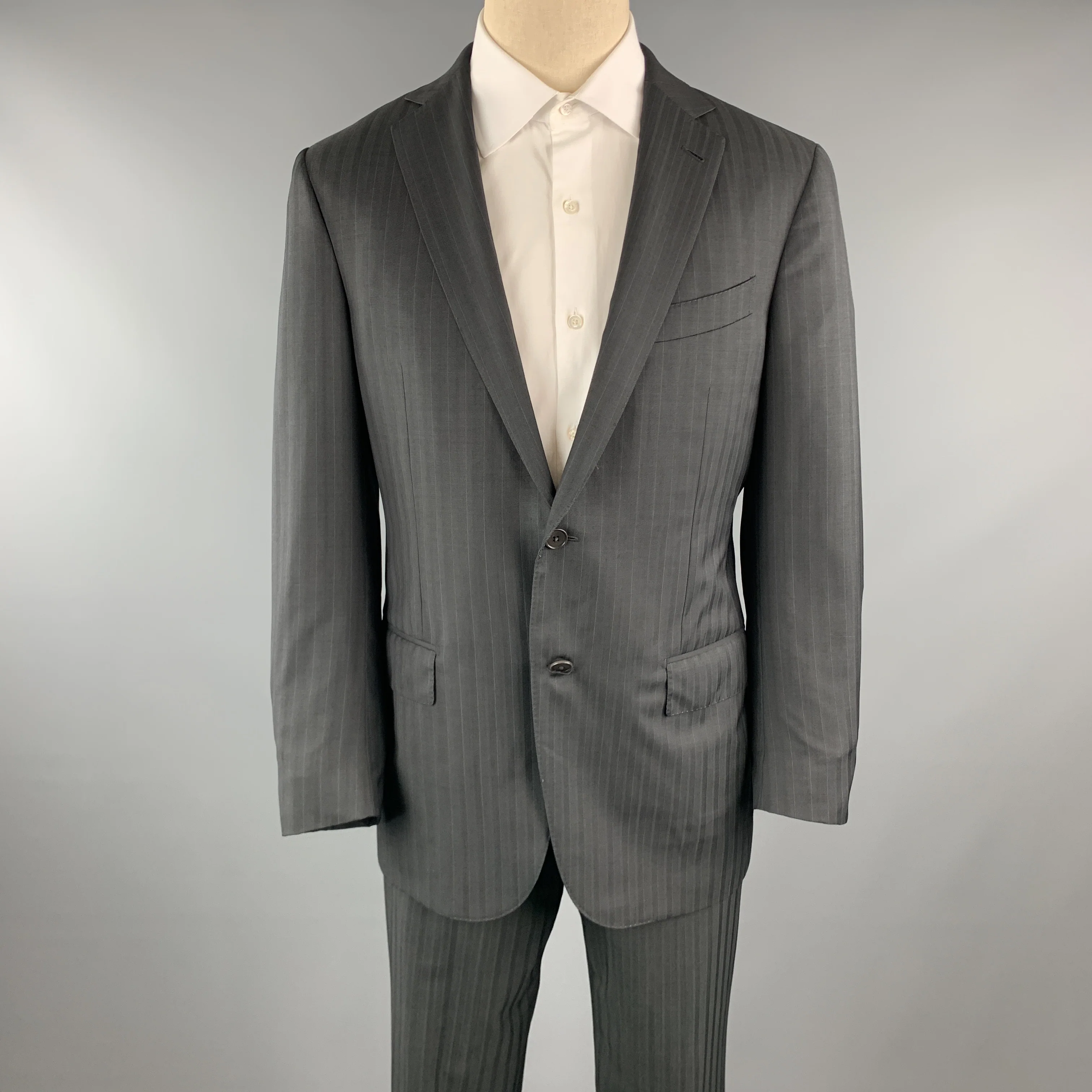 ERMENEGILDO ZEGNA Black Stripe Wool Notch Lapel 34 x 30 Suit