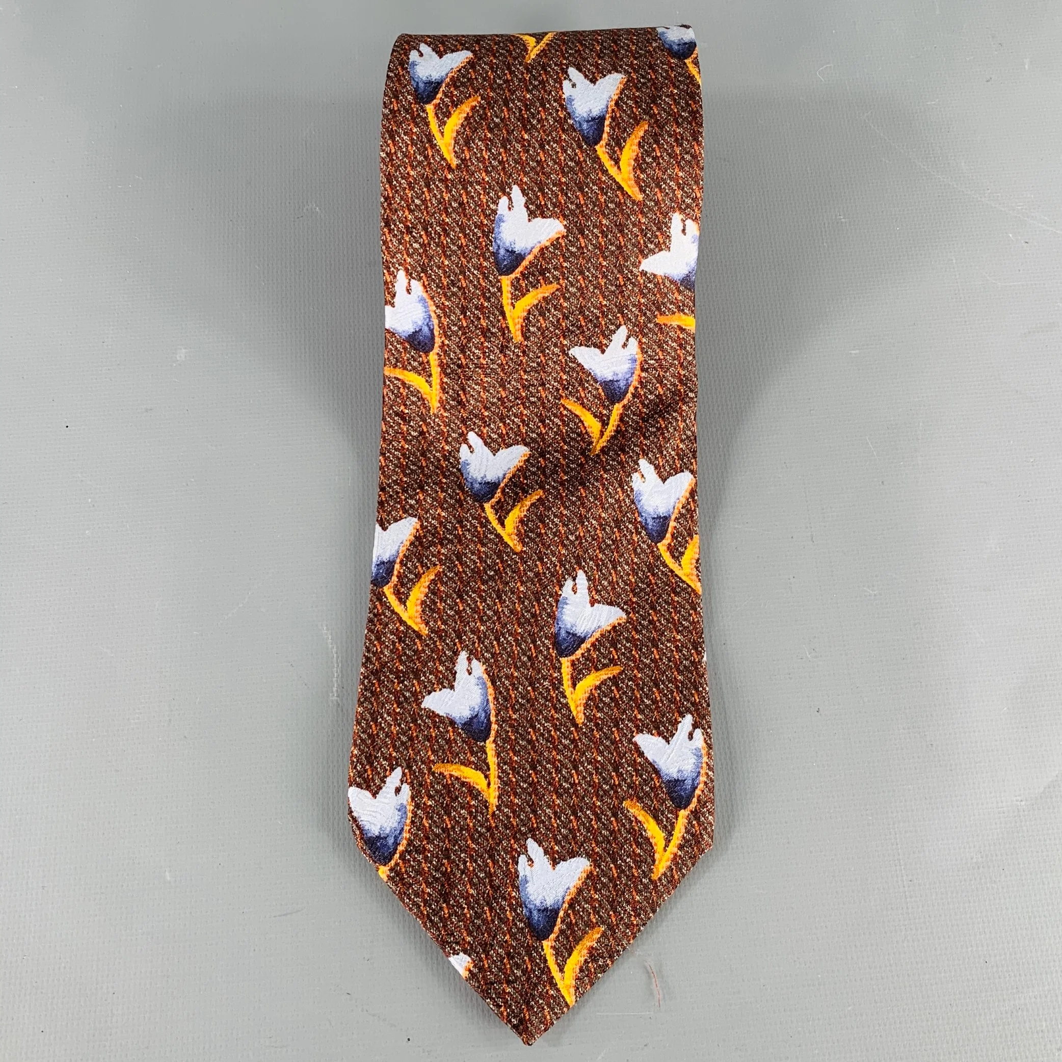 ERMENEGILDO ZEGNA Blue Brown Abstrack Floral Silk Tie - Image 3