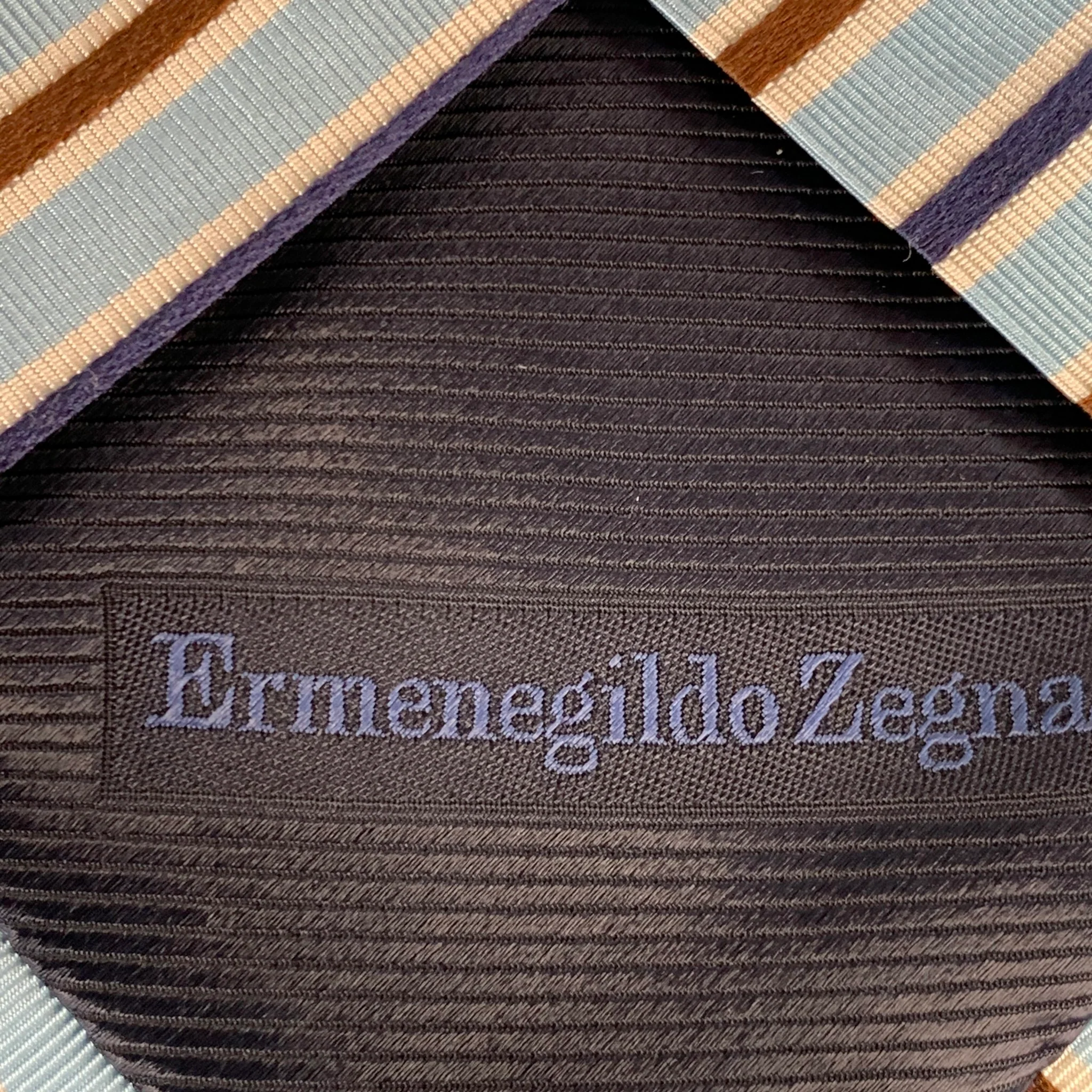 ERMENEGILDO ZEGNA Blue Brown White Diagonal Stripe Silk Cotton Twill Tie - Image 3