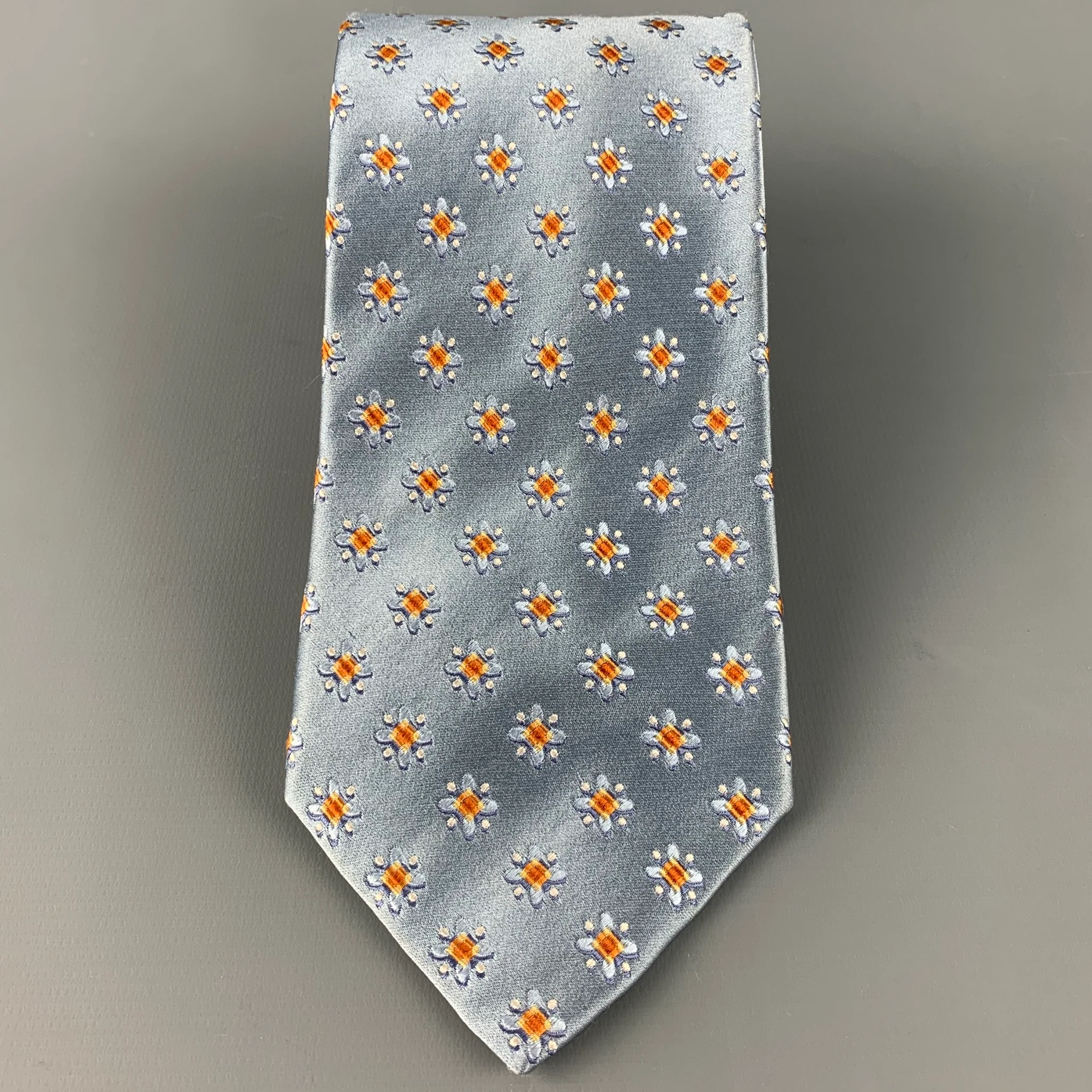ERMENEGILDO ZEGNA Blue Orange Abstract Floral Silk Satin Tie - Image 2