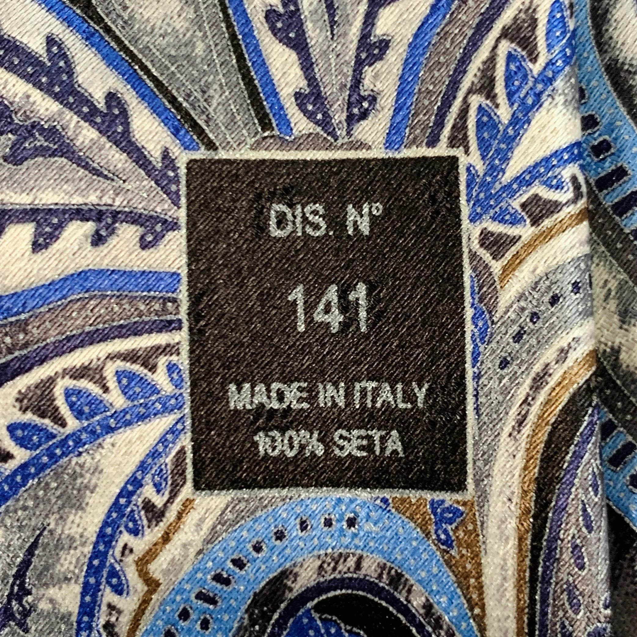 ERMENEGILDO ZEGNA Blue Silver Black Abstract Floral Silk Satin Tie - Image 3