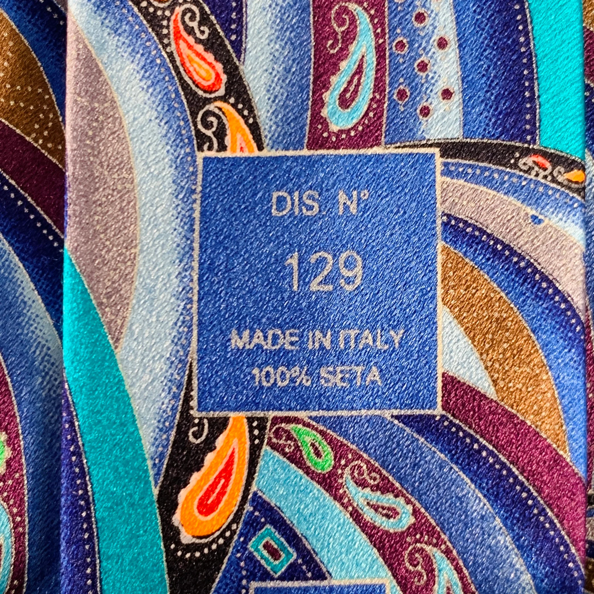 ERMENEGILDO ZEGNA Blue Turquoise Abstract Paisley Silk Satin Tie - Image 4