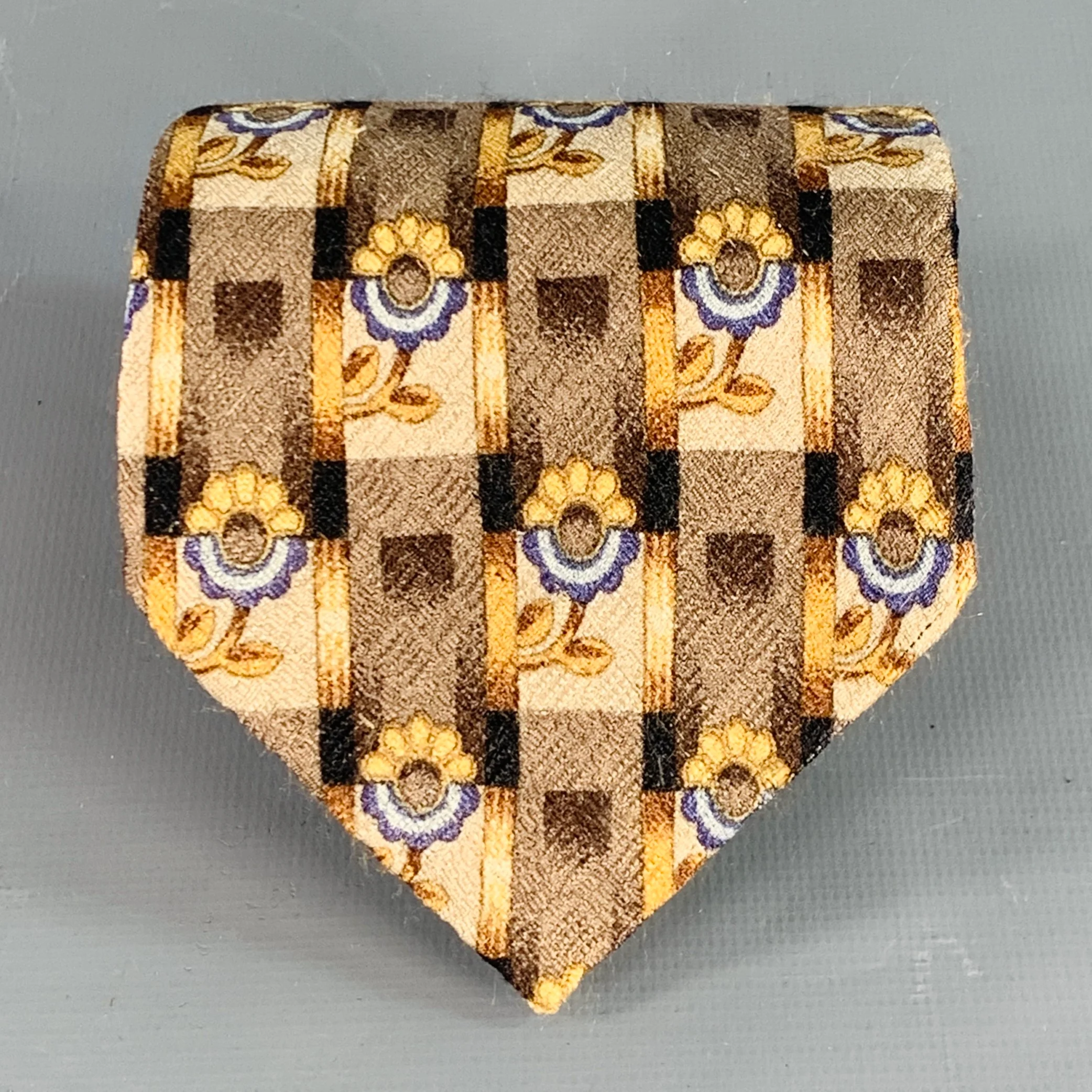 ERMENEGILDO ZEGNA Brown Beige Abstract Floral Silk Tie