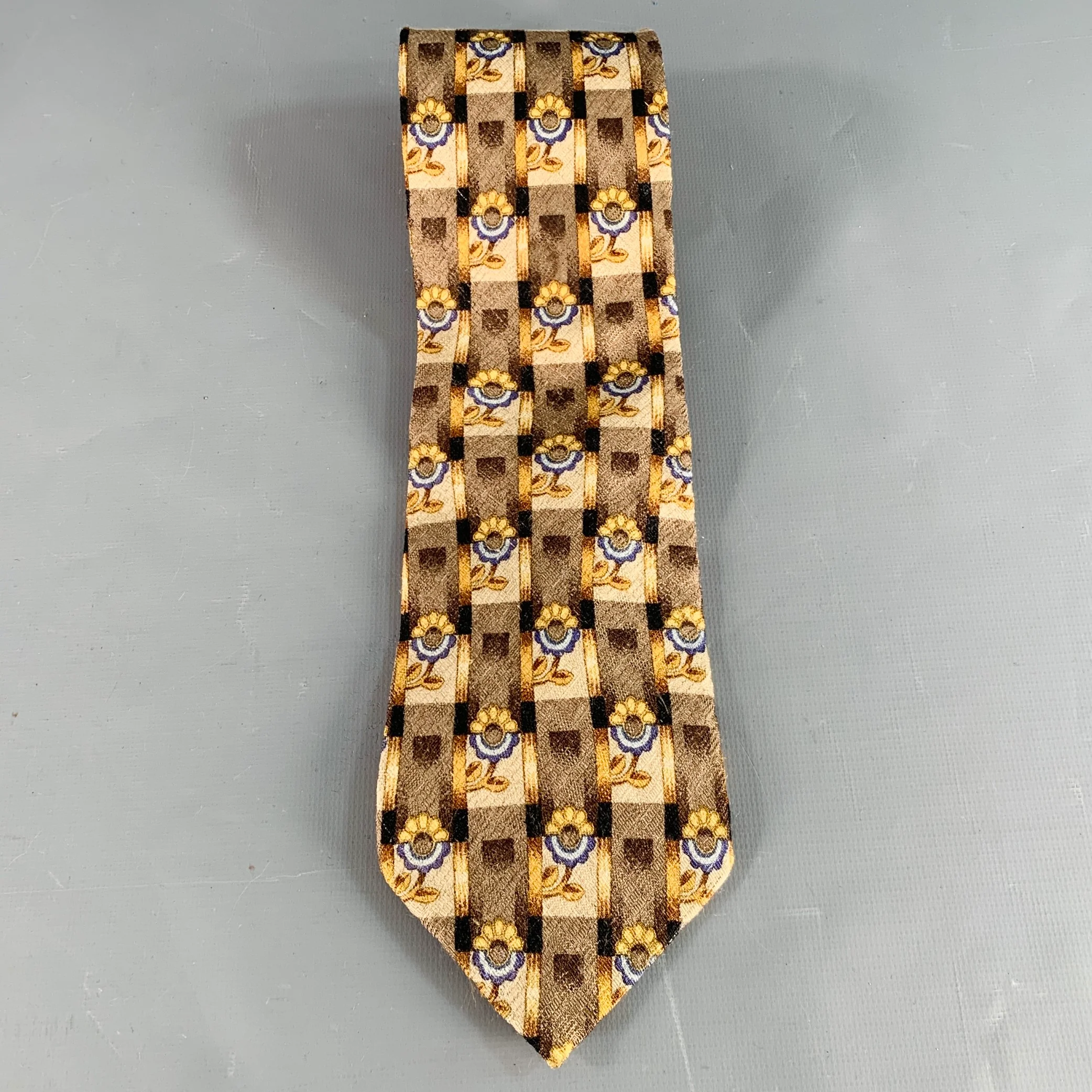 ERMENEGILDO ZEGNA Brown Beige Abstract Floral Silk Tie - Image 3