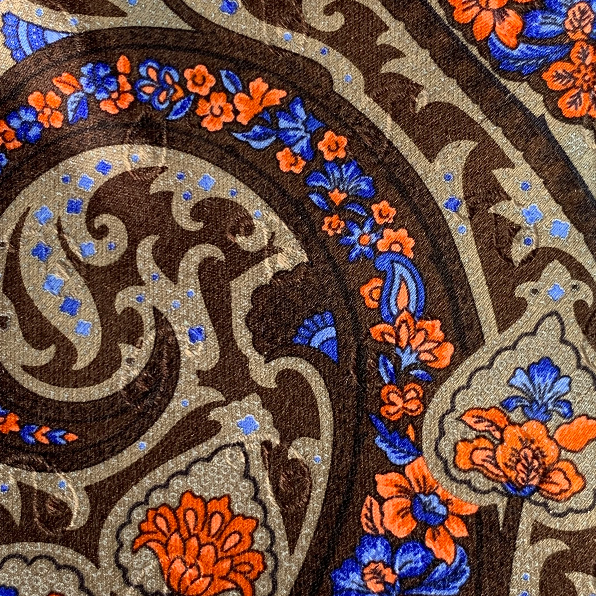 ERMENEGILDO ZEGNA Brown Orange Floral Paisley Silk Satin Tie - Image 2