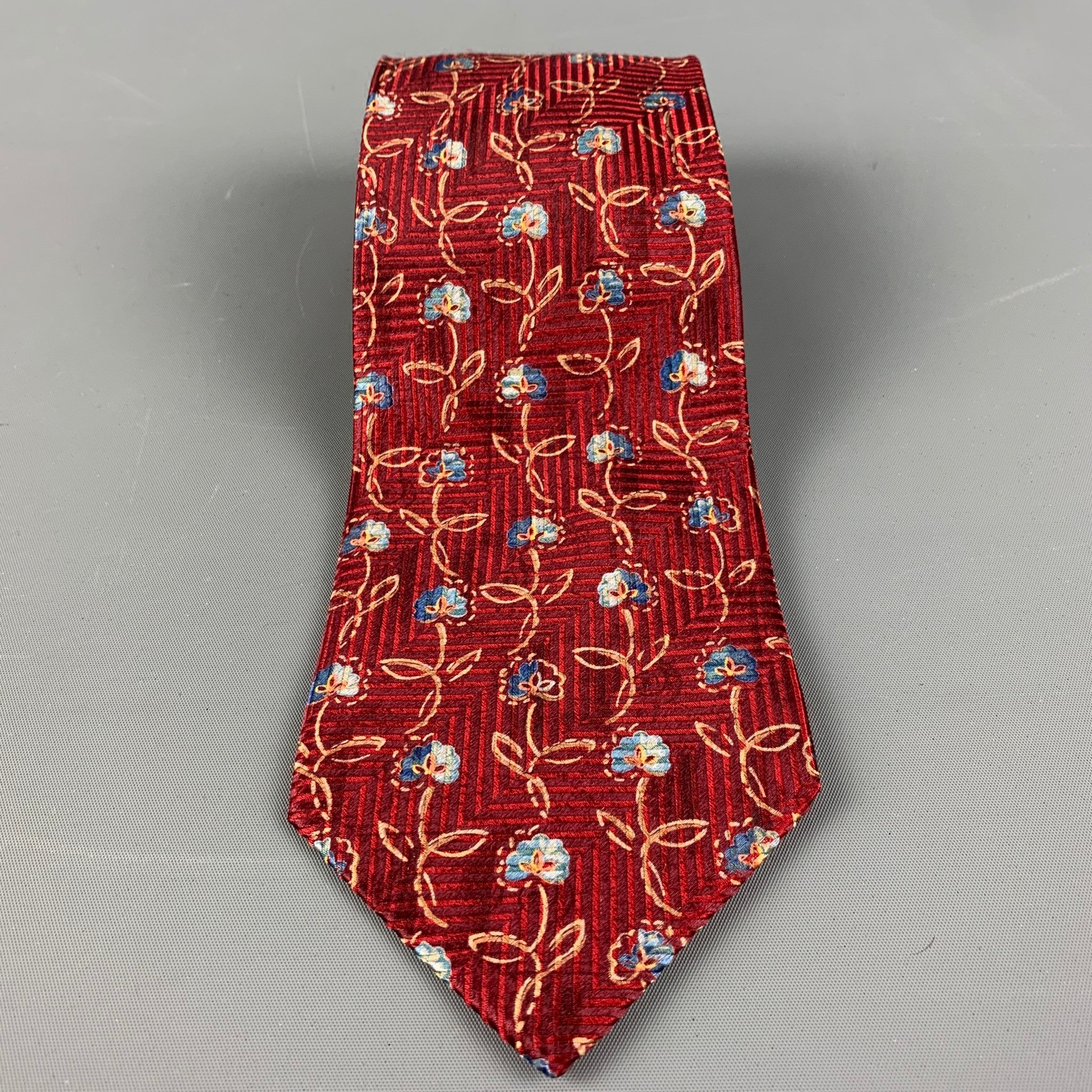 ERMENEGILDO ZEGNA Burgundy Abstrack Floral Silk Tie - Image 2