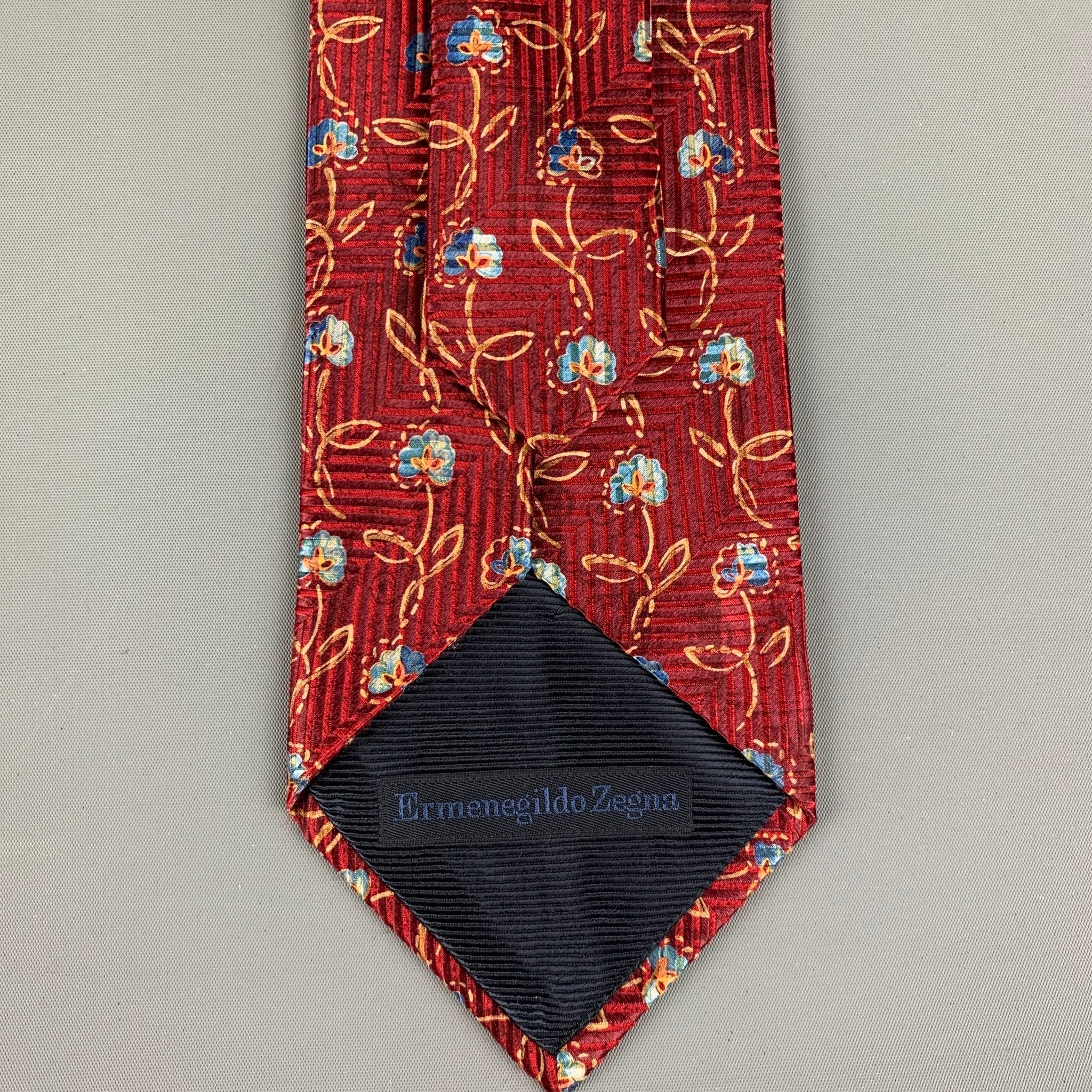 ERMENEGILDO ZEGNA Burgundy Abstrack Floral Silk Tie - Image 4