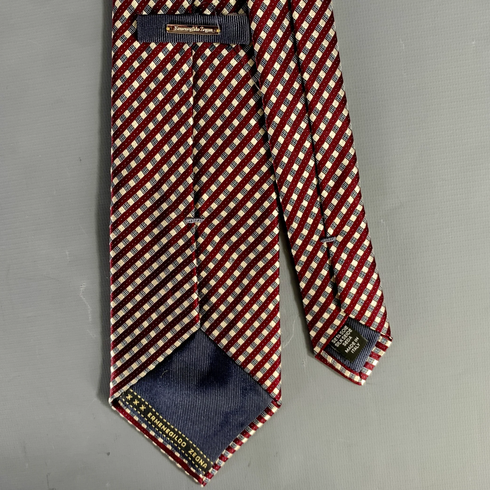 ERMENEGILDO ZEGNA Burgundy Cream light blue Checkered Silk Tie - Image 2