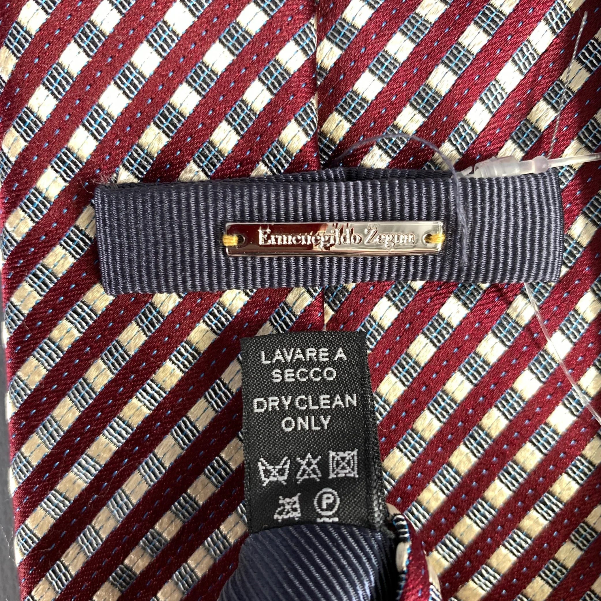 ERMENEGILDO ZEGNA Burgundy Cream light blue Checkered Silk Tie - Image 4