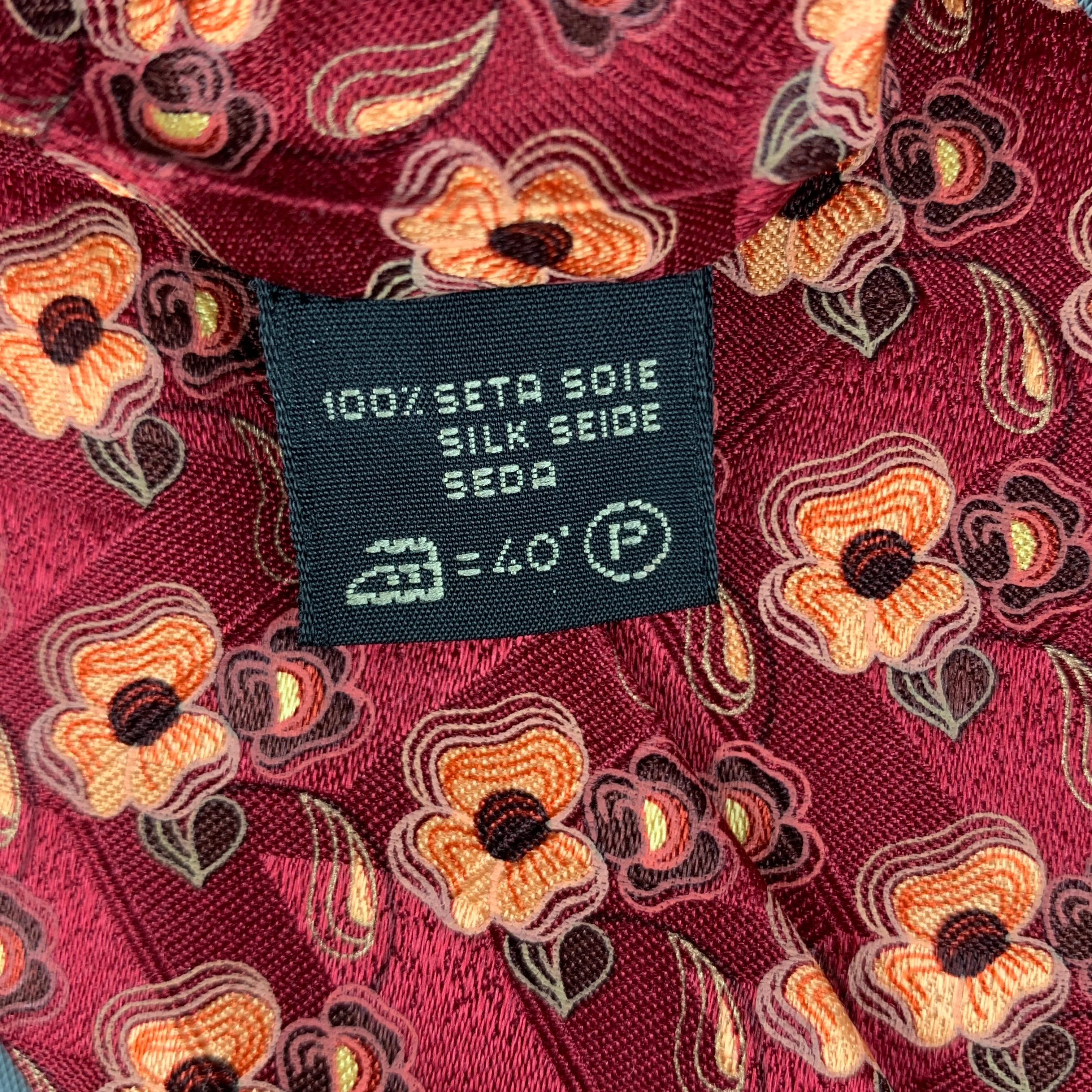 ERMENEGILDO ZEGNA Burgundy Orange Floral Silk Tie - Image 5