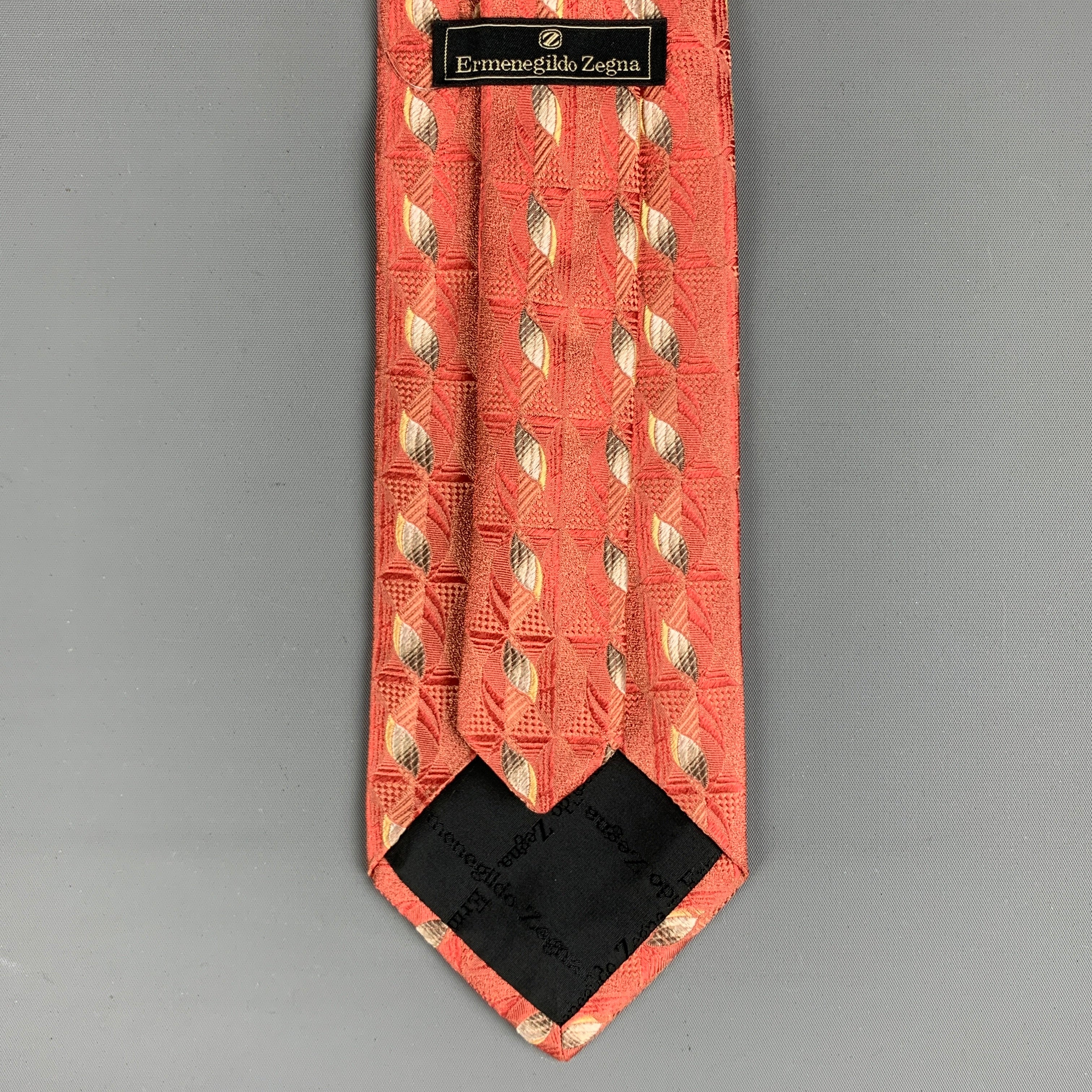 ERMENEGILDO ZEGNA Coral & Cream Jacquard Silk Tie - Image 4
