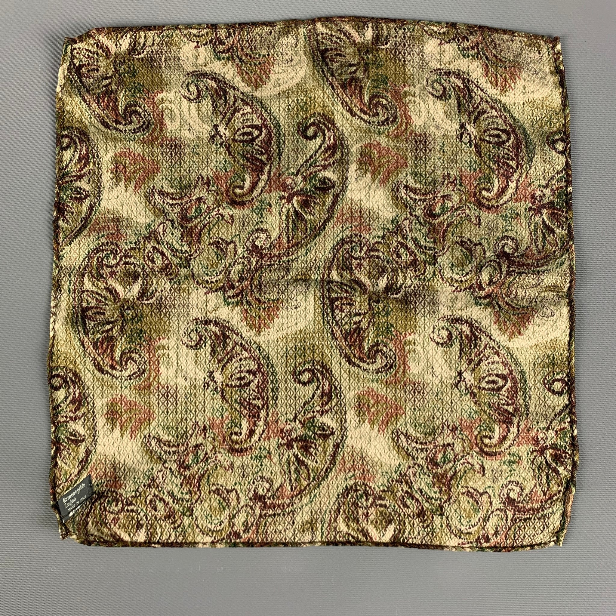 ERMENEGILDO ZEGNA Green Burgundy Abstract Silk Pocket Square - Image 7