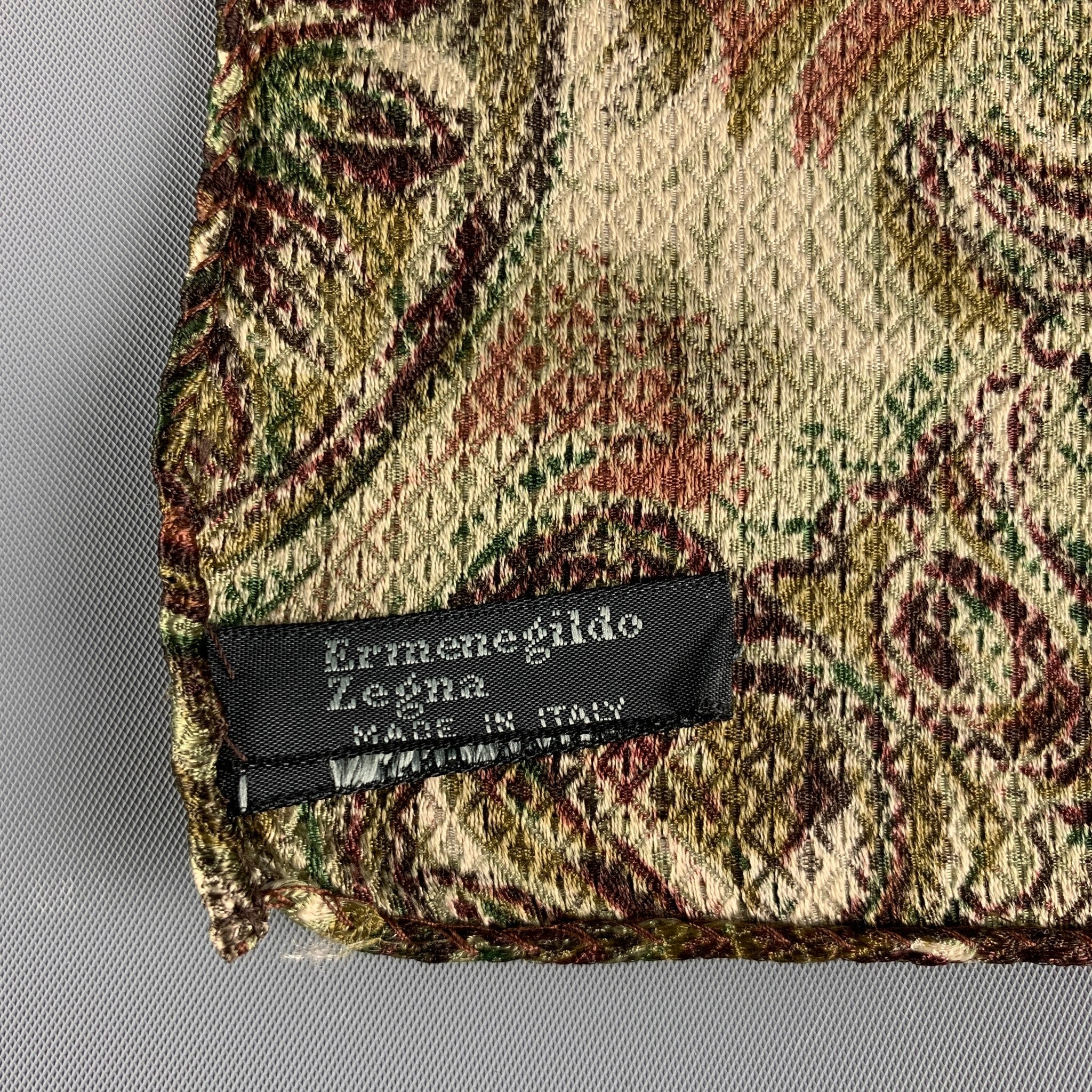 ERMENEGILDO ZEGNA Green Burgundy Abstract Silk Pocket Square - Image 9