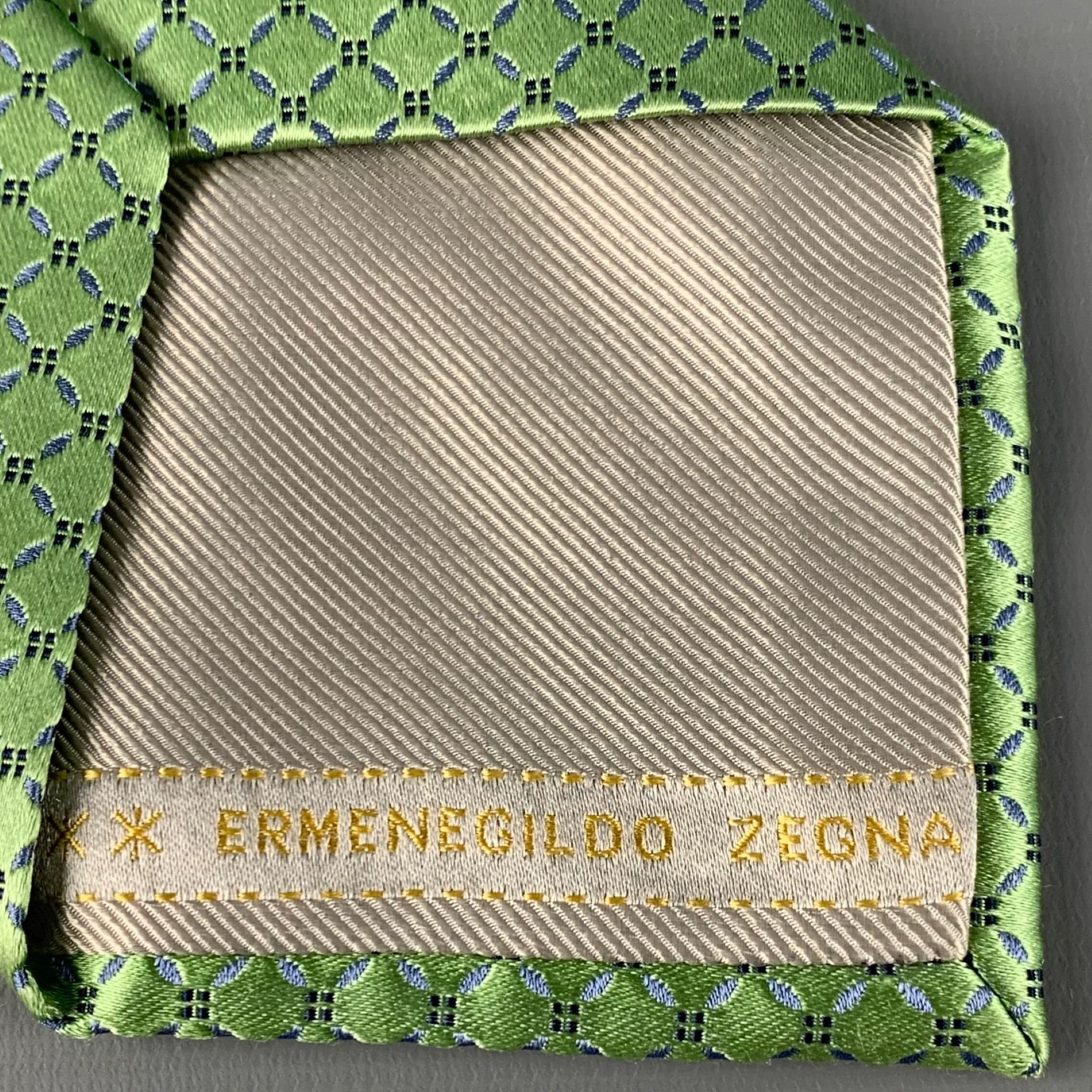 ERMENEGILDO ZEGNA Green Light Blue Squares Silk Satin Tie - Image 4