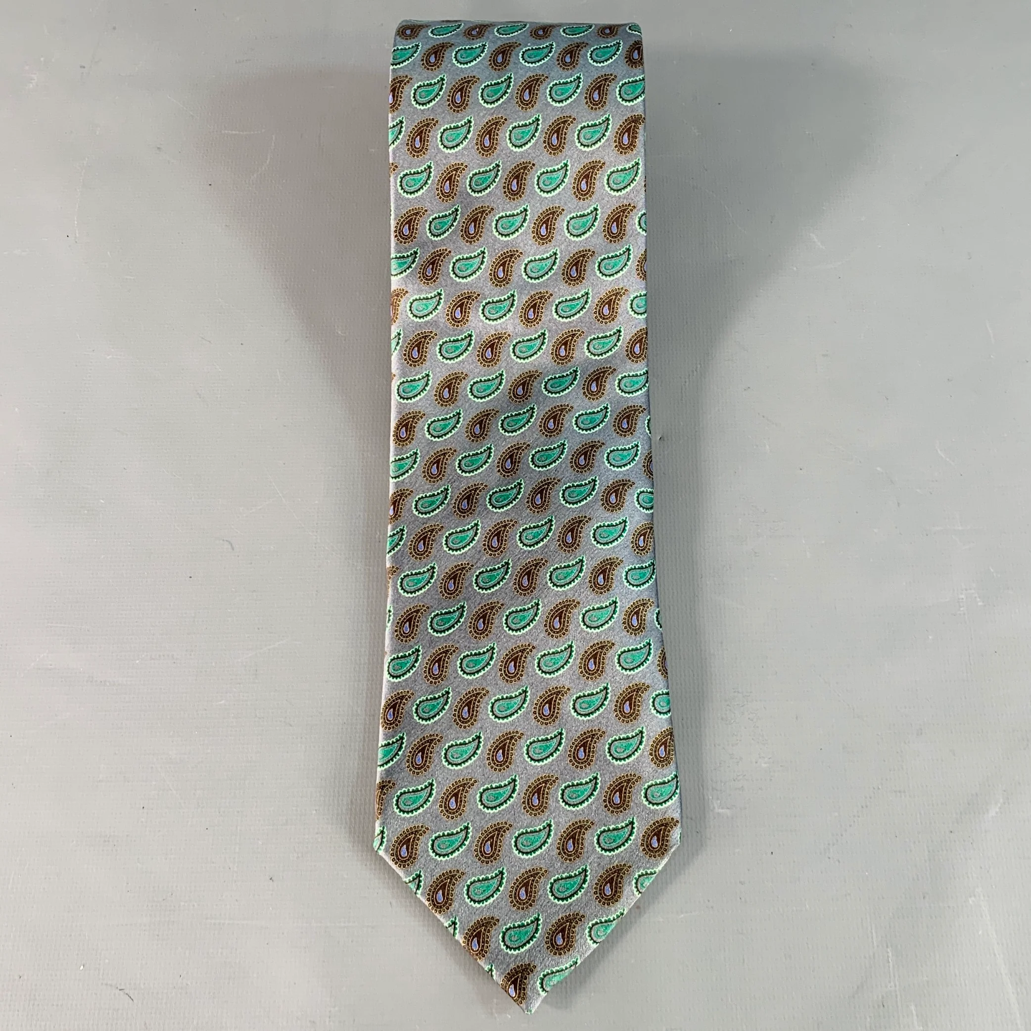 ERMENEGILDO ZEGNA Grey Green Paisley Silk Tie - Image 3