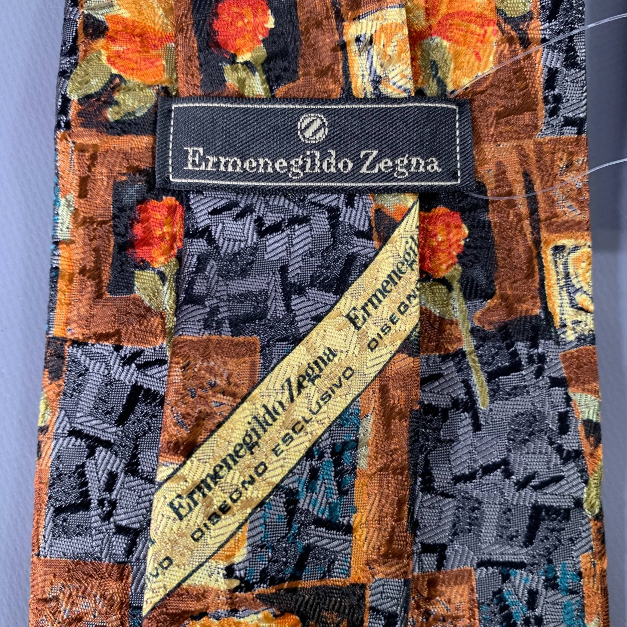 ERMENEGILDO ZEGNA Grey Yellow Abstract Floral Silk Tie - Image 3