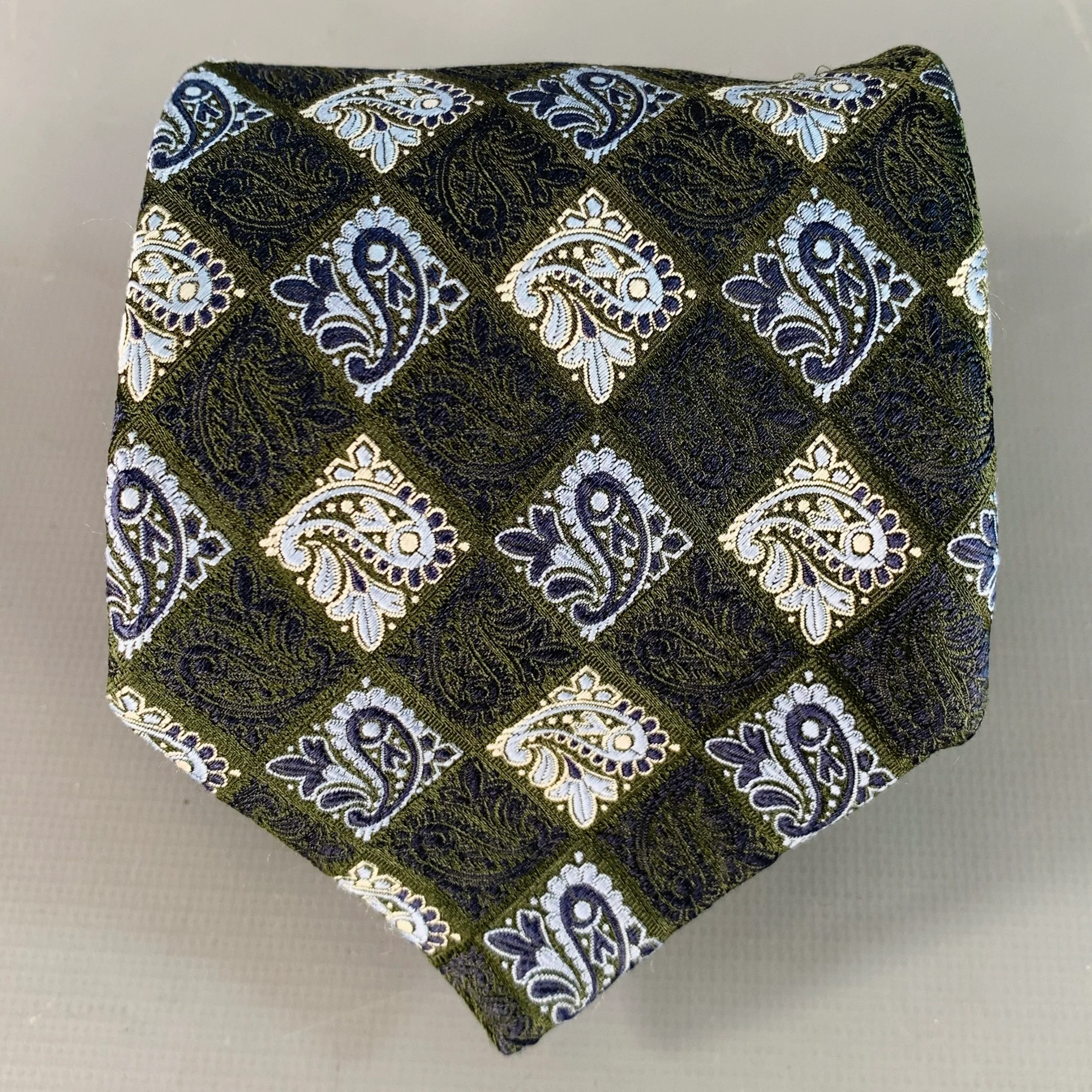 ERMENEGILDO ZEGNA Navy Blue Paisley Checkerboard Silk Tie