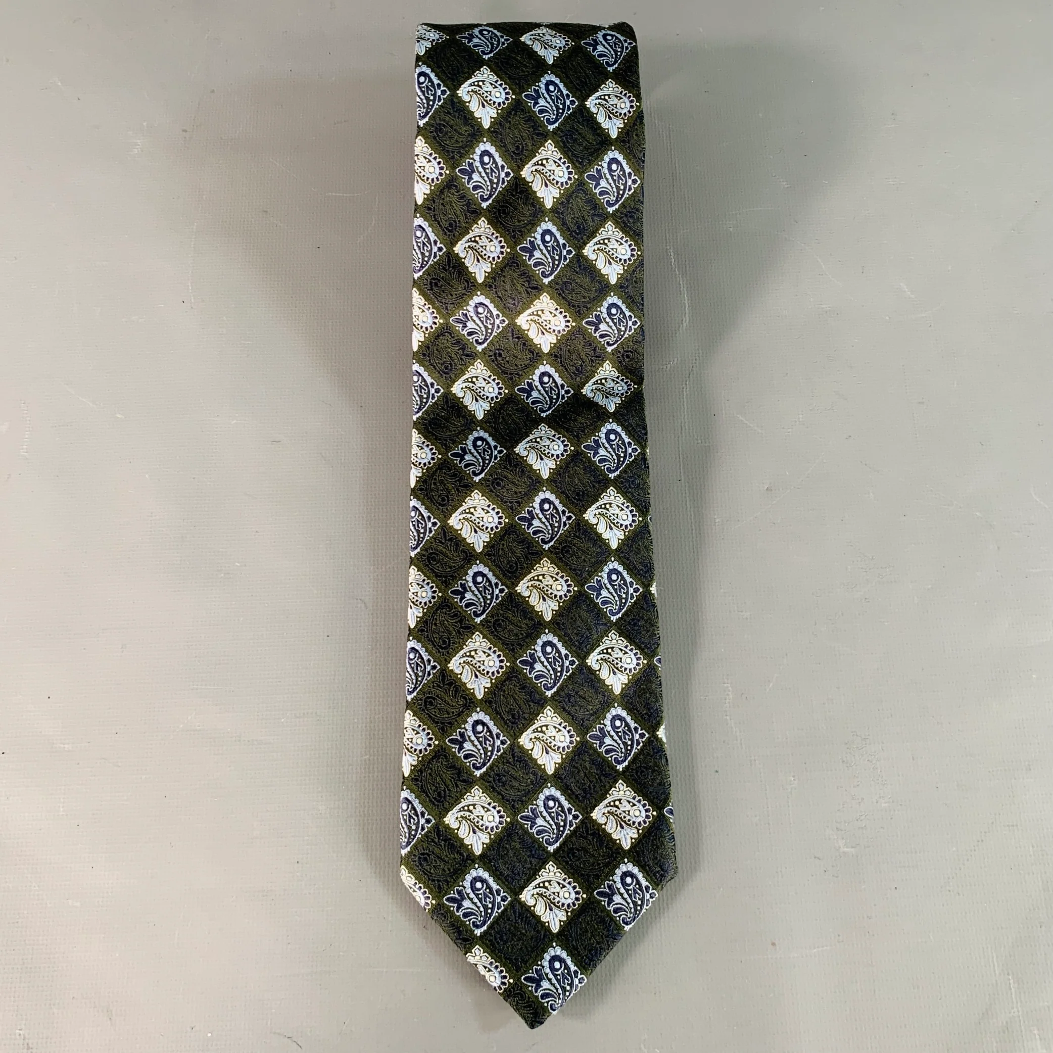 ERMENEGILDO ZEGNA Navy Blue Paisley Checkerboard Silk Tie - Image 3