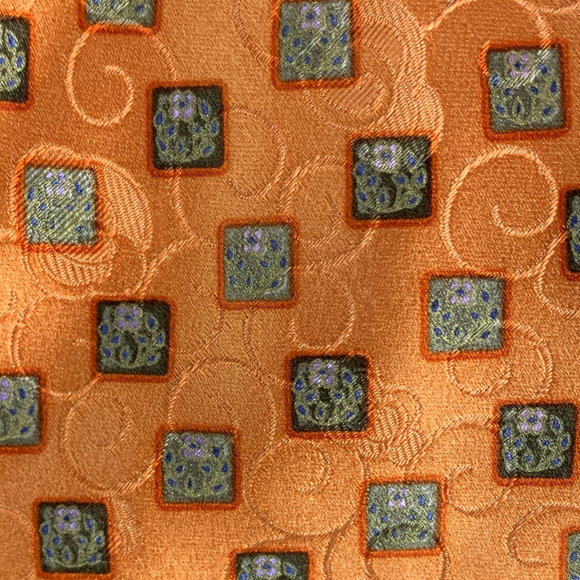 ERMENEGILDO ZEGNA Orange Green Squares Silk Tie - Image 2