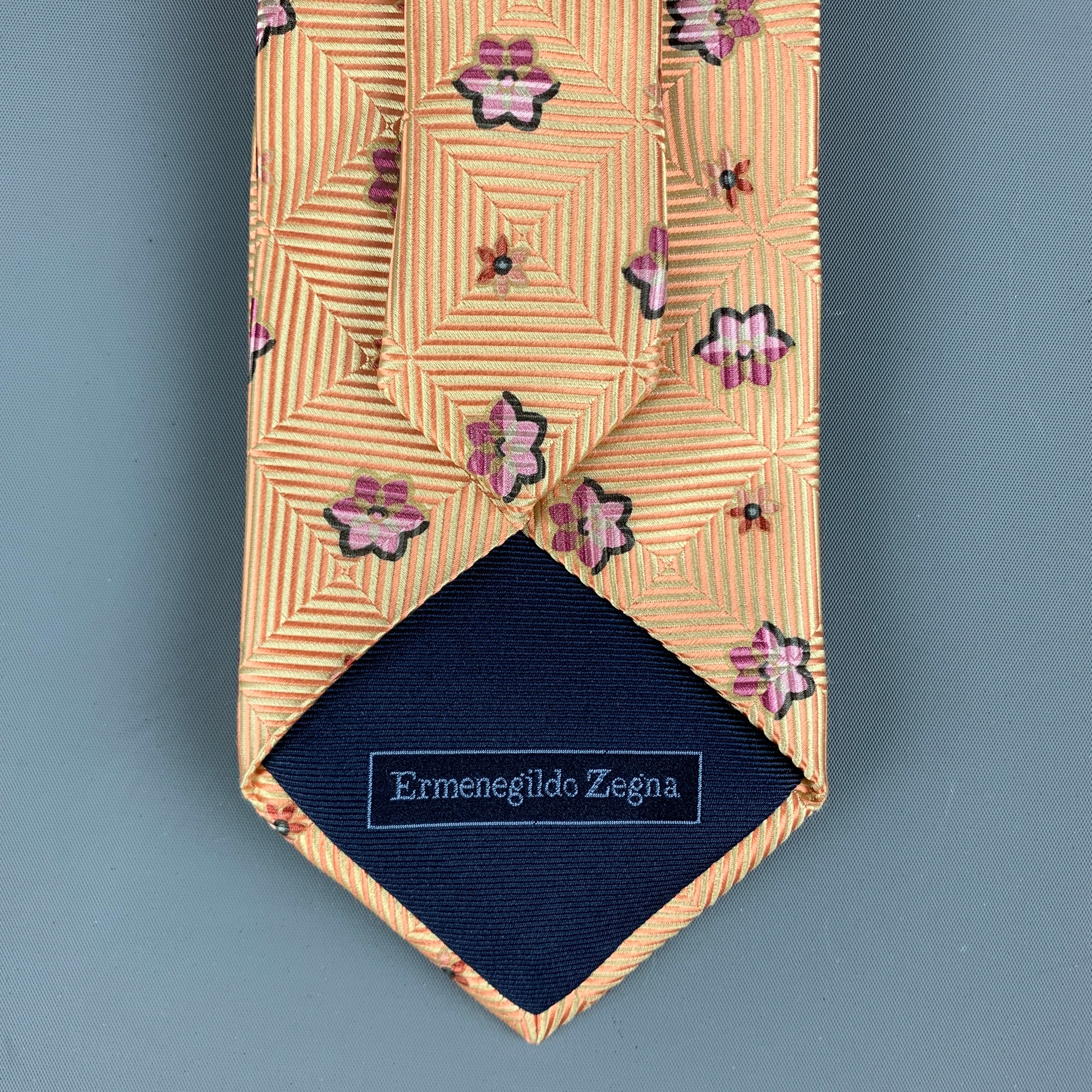 ERMENEGILDO ZEGNA Orange Pink Floral Silk Tie - Image 4