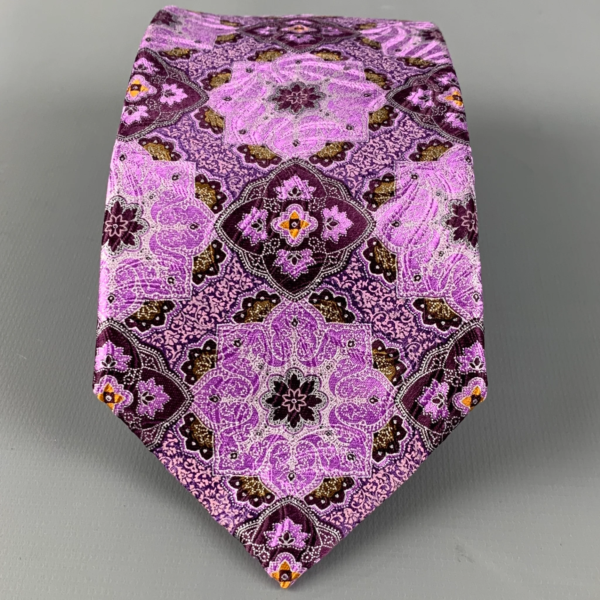 ERMENEGILDO ZEGNA Purple Brown Abstrack Floral Silk Satin Tie