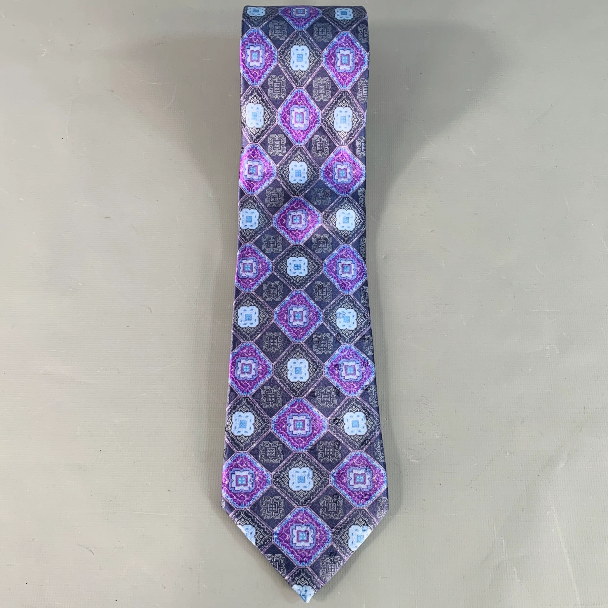 ERMENEGILDO ZEGNA Purple Navy Abstract Floral Silk Tie - Image 3