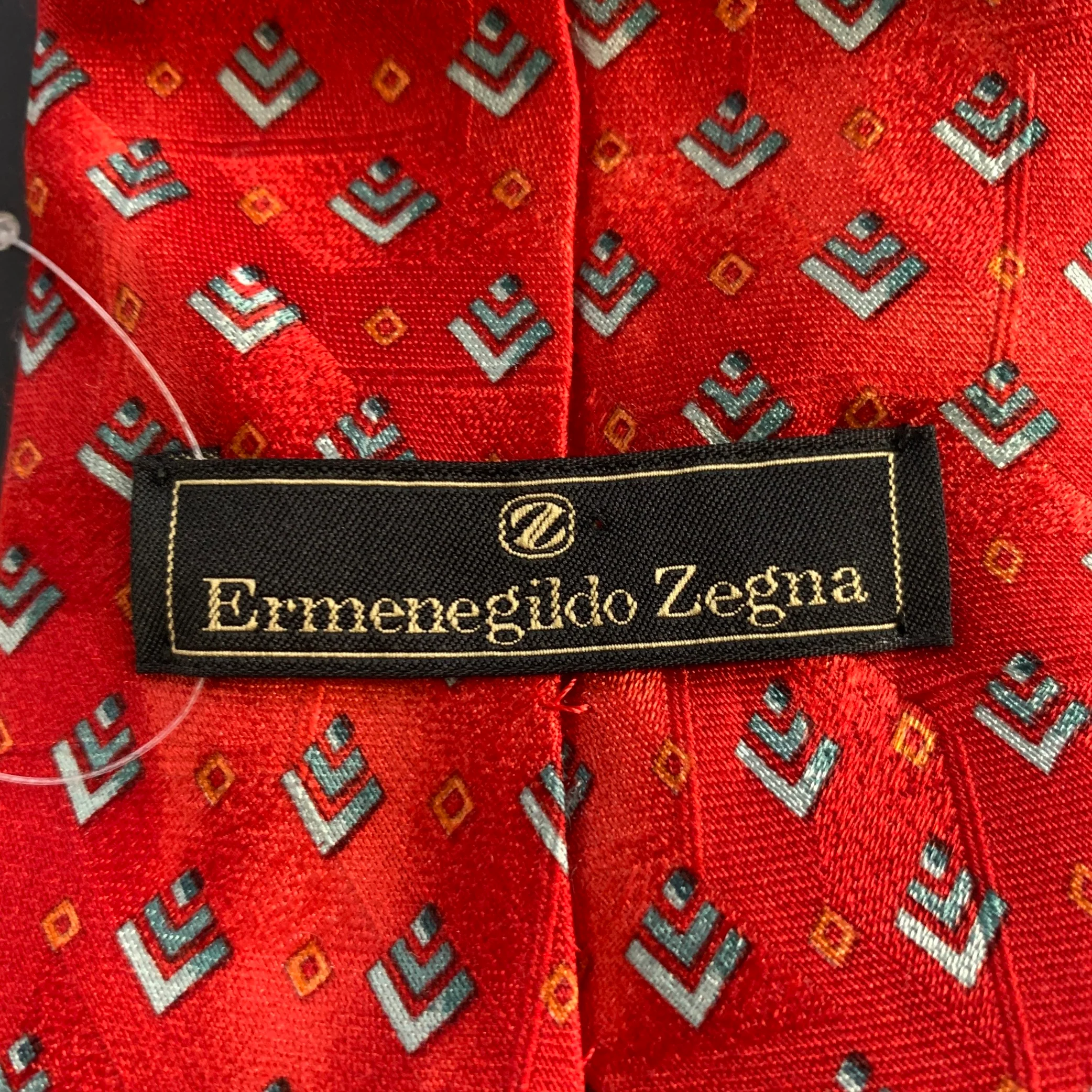 ERMENEGILDO ZEGNA Red Blue Diamond Grid Silk Tie - Image 3