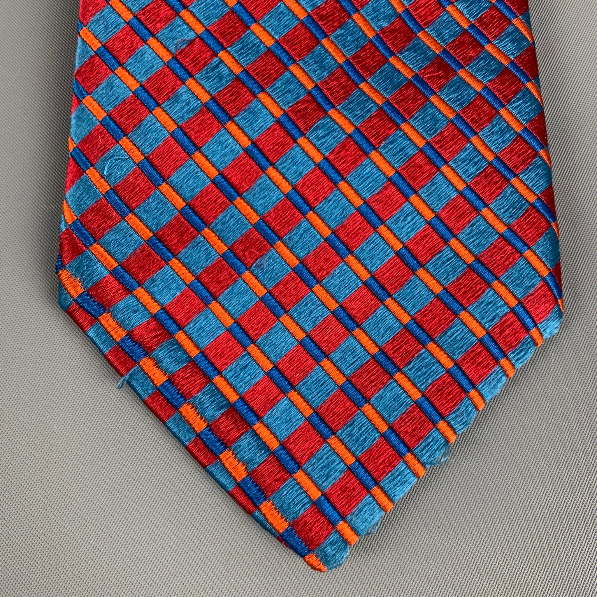 ERMENEGILDO ZEGNA Red Blue Rhombus Silk Satin Tie - Image 4