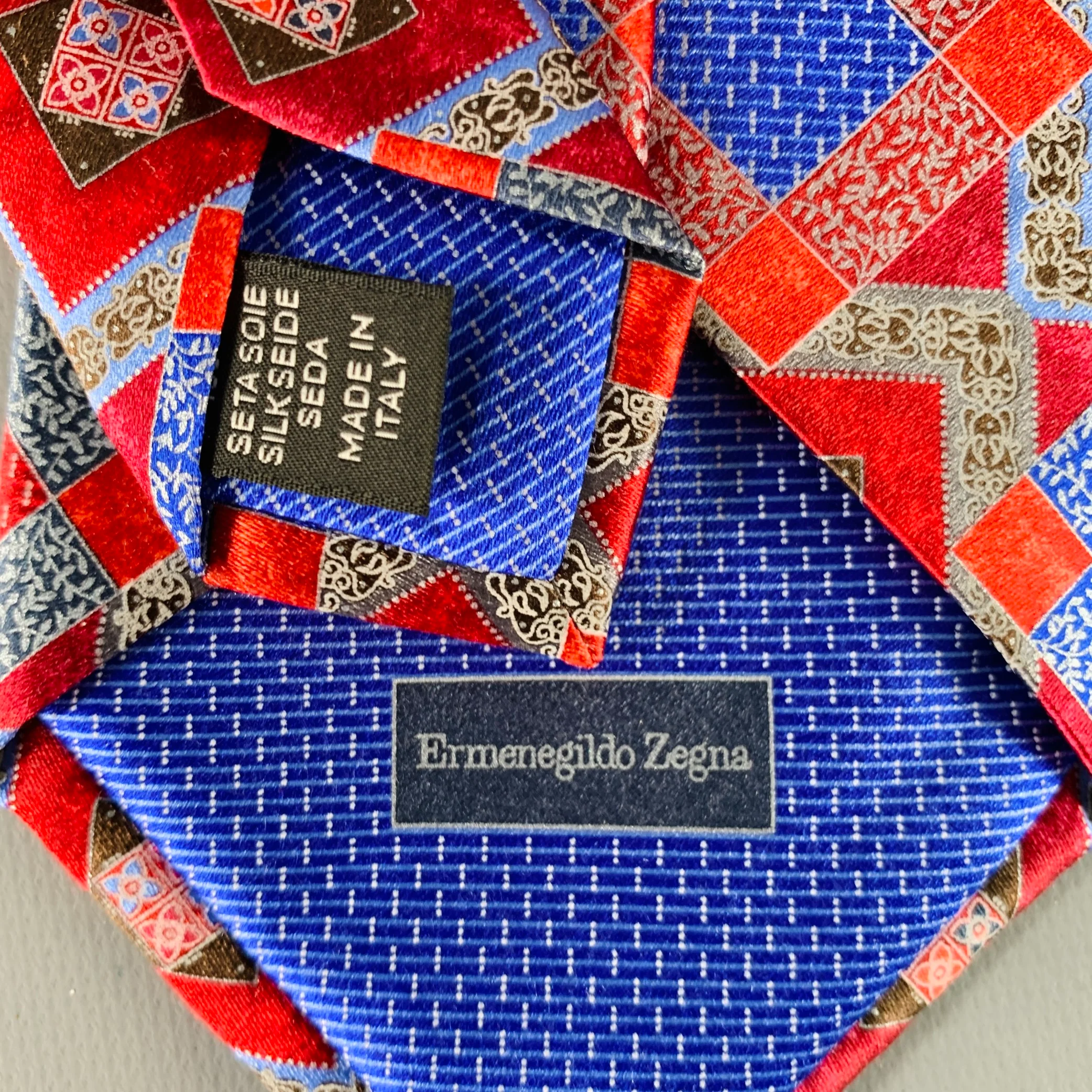 ERMENEGILDO ZEGNA Red Blue Squares Silk Satin Tie - Image 5
