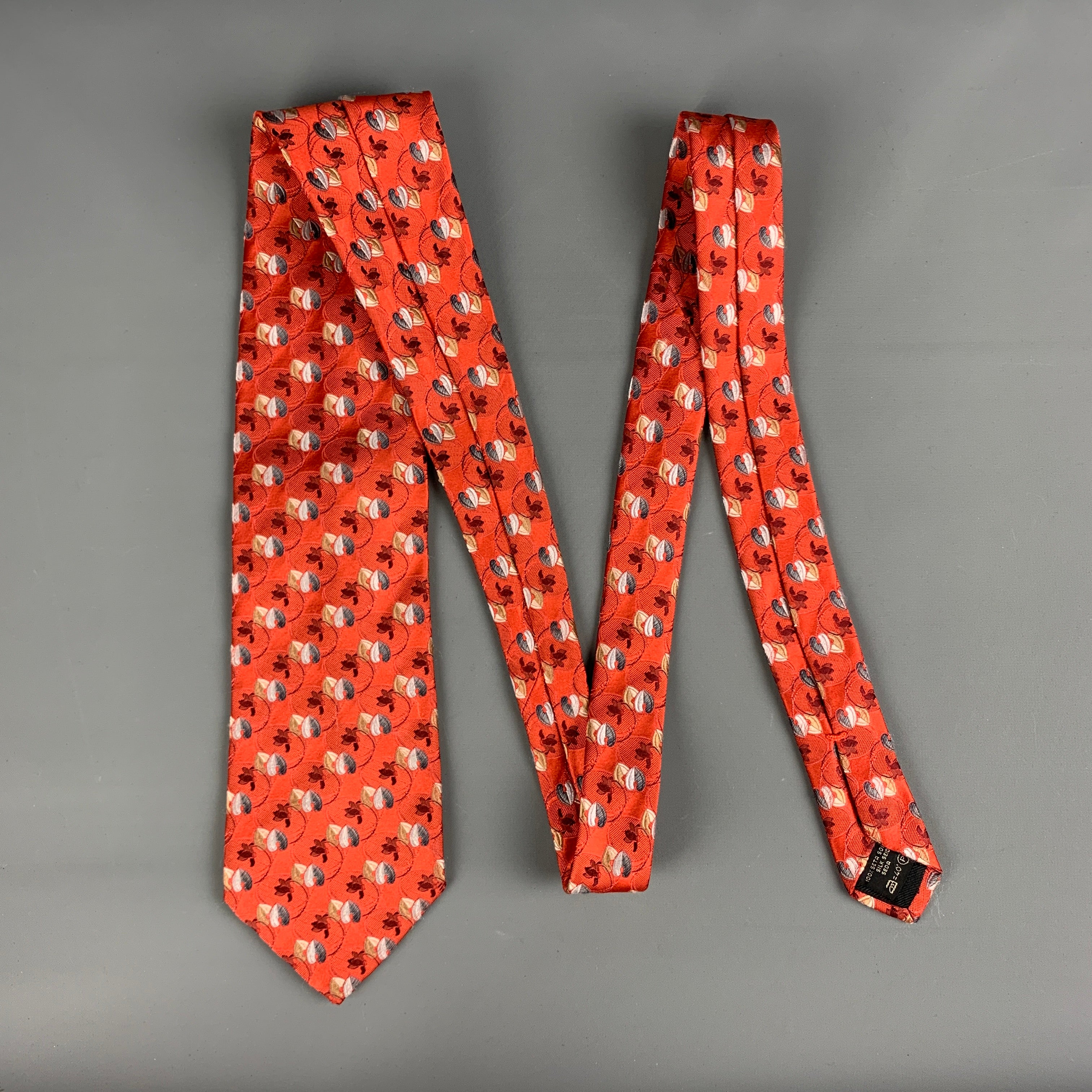 ERMENEGILDO ZEGNA Red Grey Leaves Silk Tie - Image 3