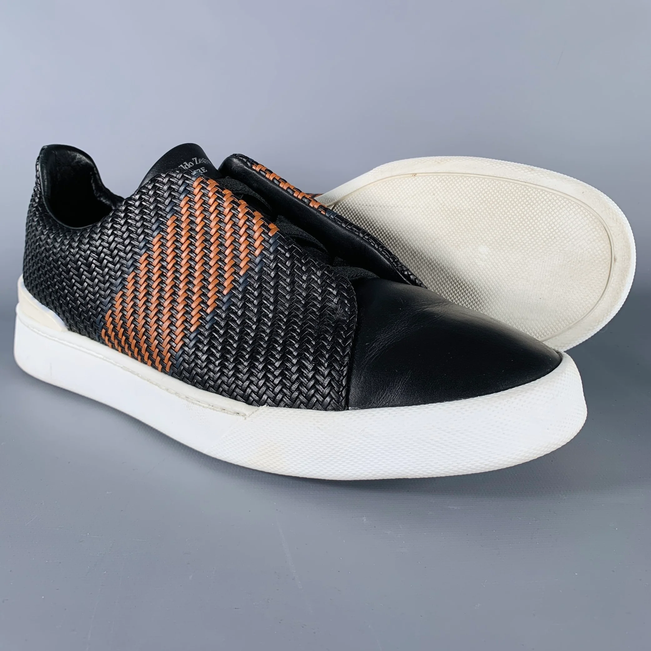 ERMENEGILDO ZEGNA Size 12 Black Brown Woven Leather Slip On Sneakers - Image 5