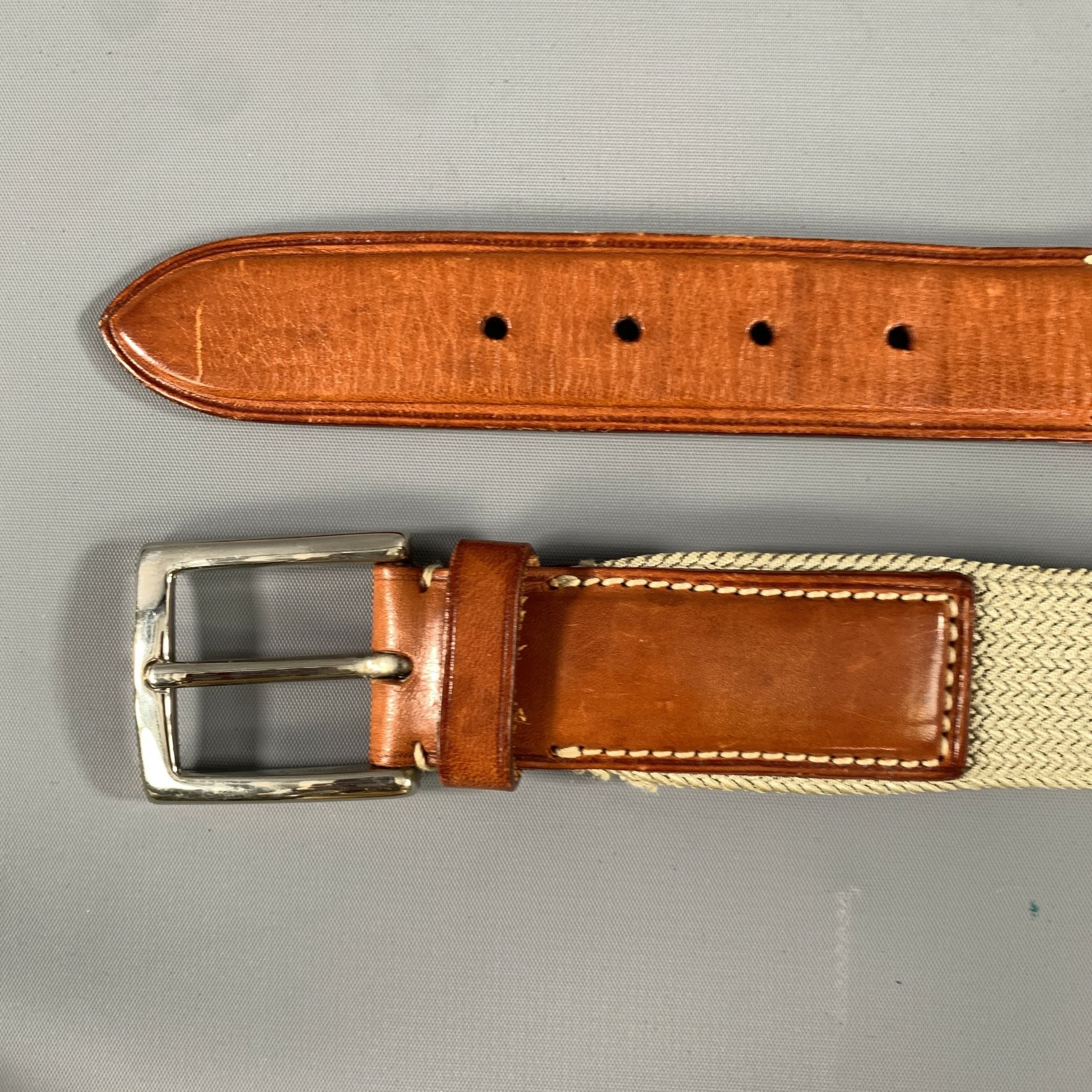 ERMENEGILDO ZEGNA Size 38 Cream Brown Mixed Fabrics Leather Elastic Belt - Image 5