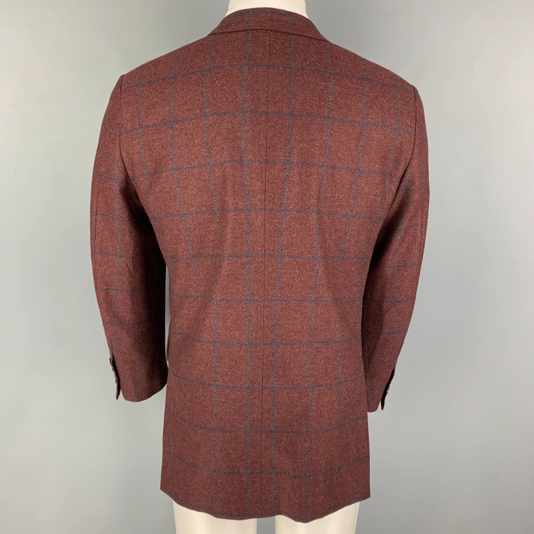 ERMENEGILDO ZEGNA Size 40 Burgundy Navy Window Pane Cashmere Sport Coat - Image 3